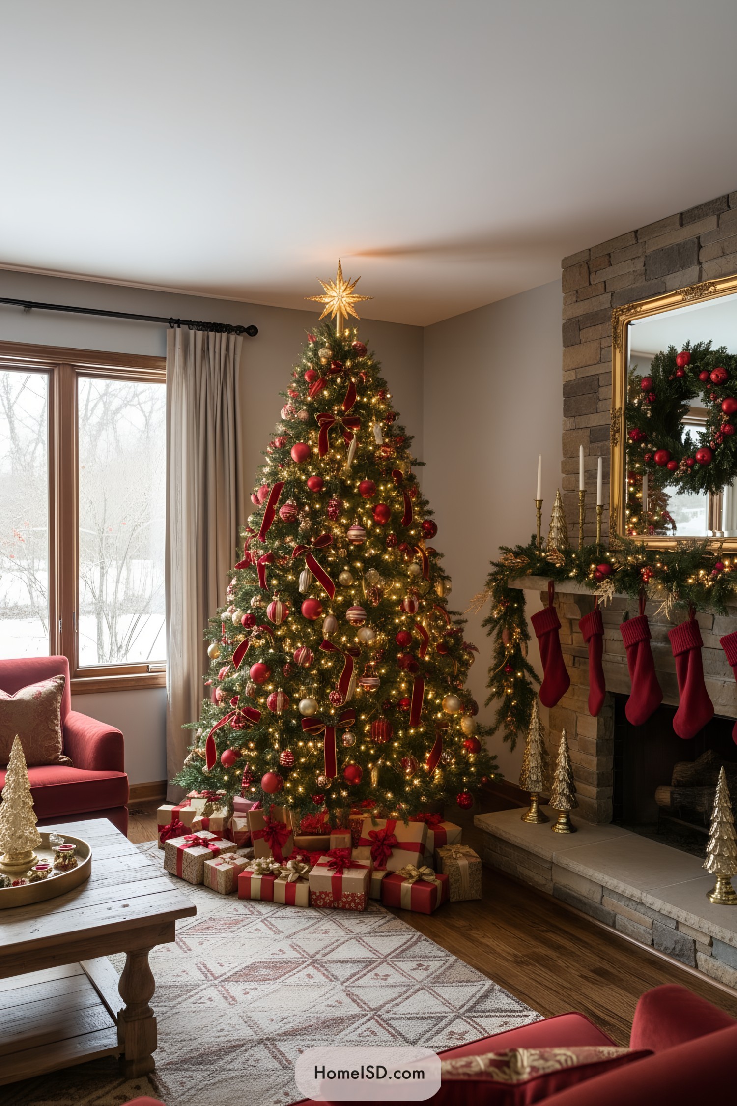 Red-and-gold Christmas tree with star topper