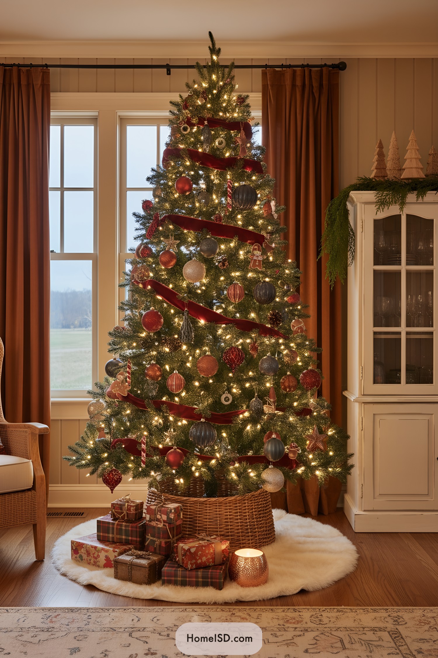 Cozy Christmas tree with velvet ribbon and warm lights