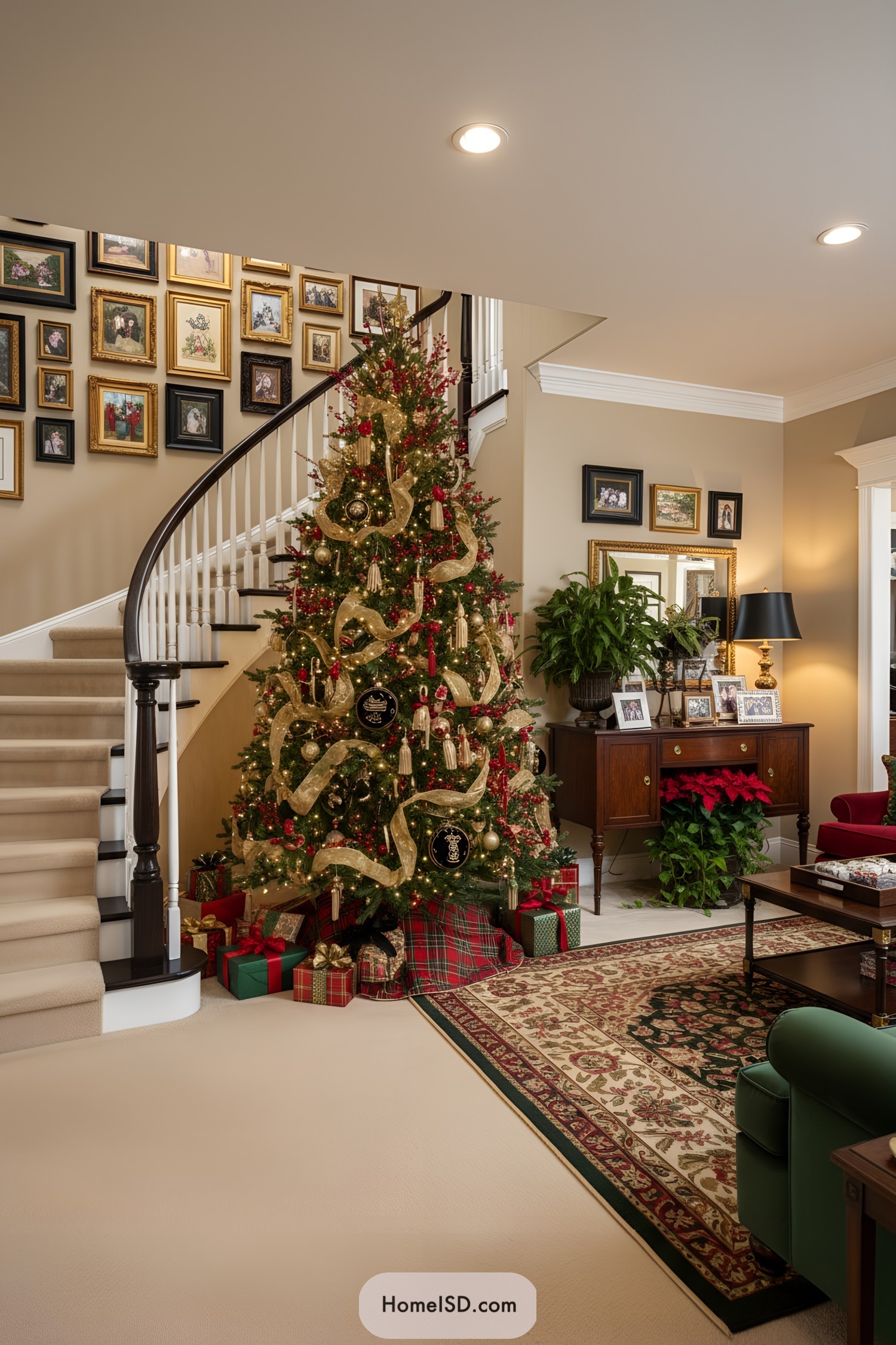 Traditional tree draped in gold ribbon beside staircase