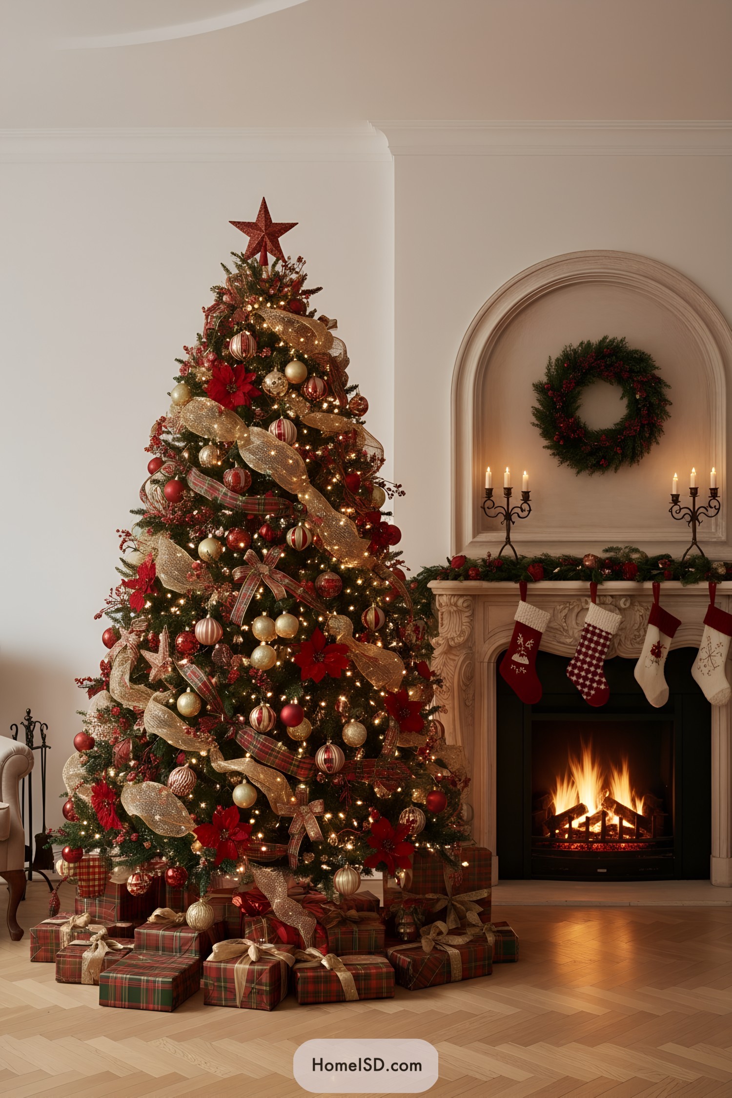Red and gold Christmas tree beside fireplace