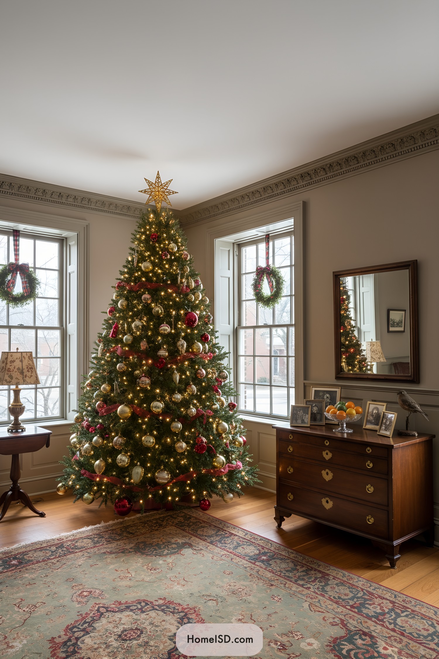 Classic tree with gold star topper, red ribbon, and warm lights in a stately parlor