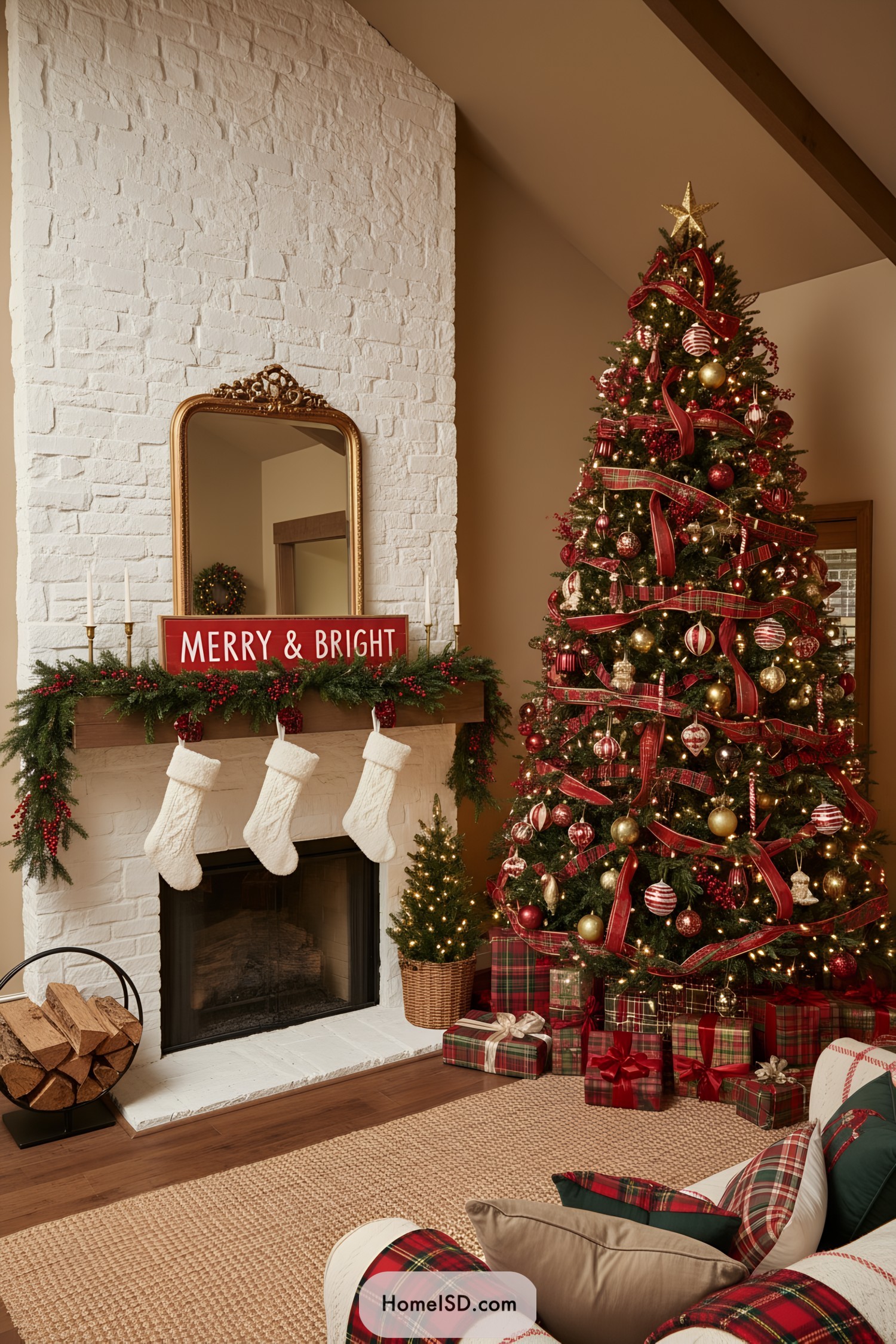 Tall red-and-gold Christmas tree with plaid ribbons beside a white brick fireplace and stockings