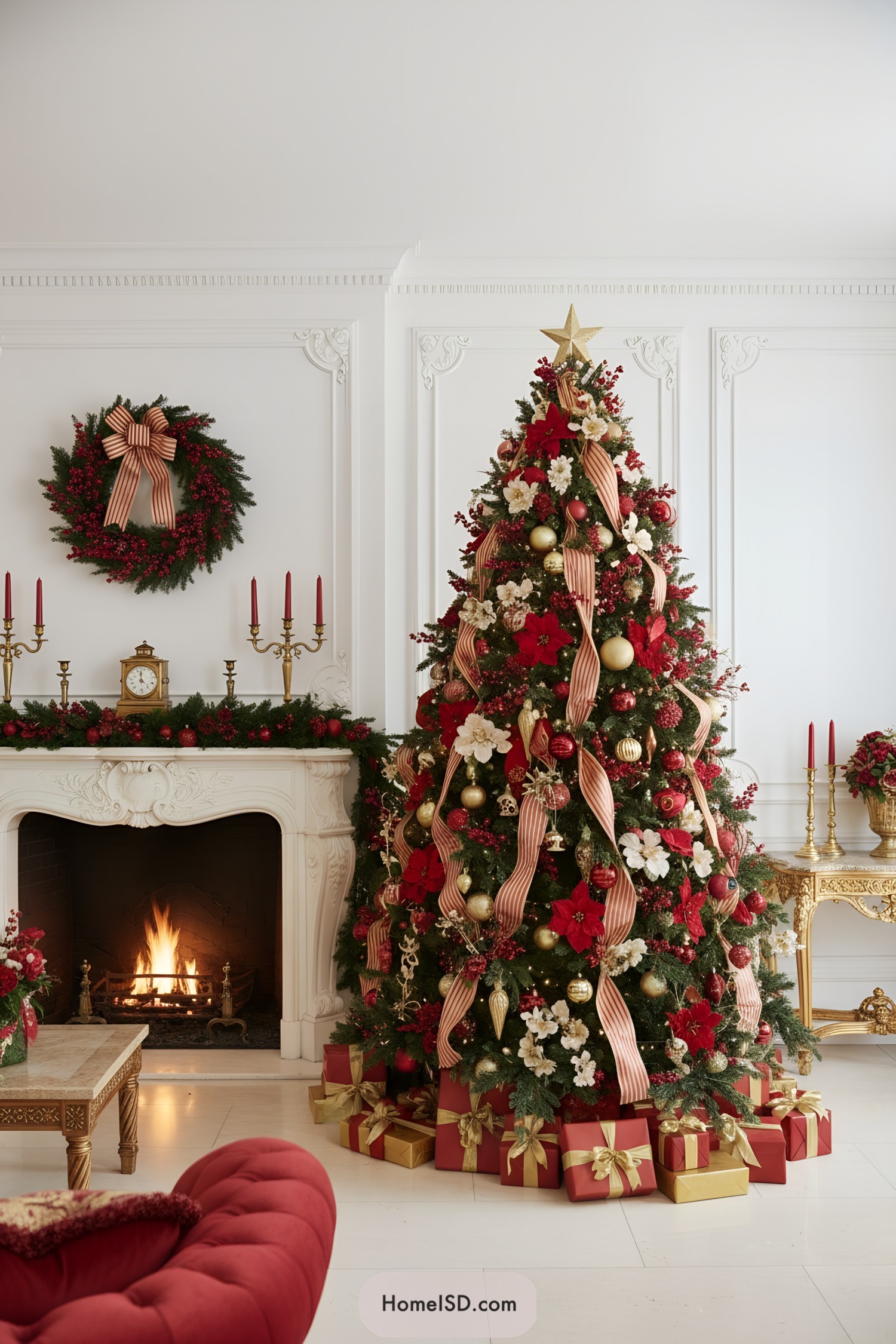 Traditional red-and-gold Christmas tree with striped ribbons, poinsettias, and wrapped presents by a fireplace