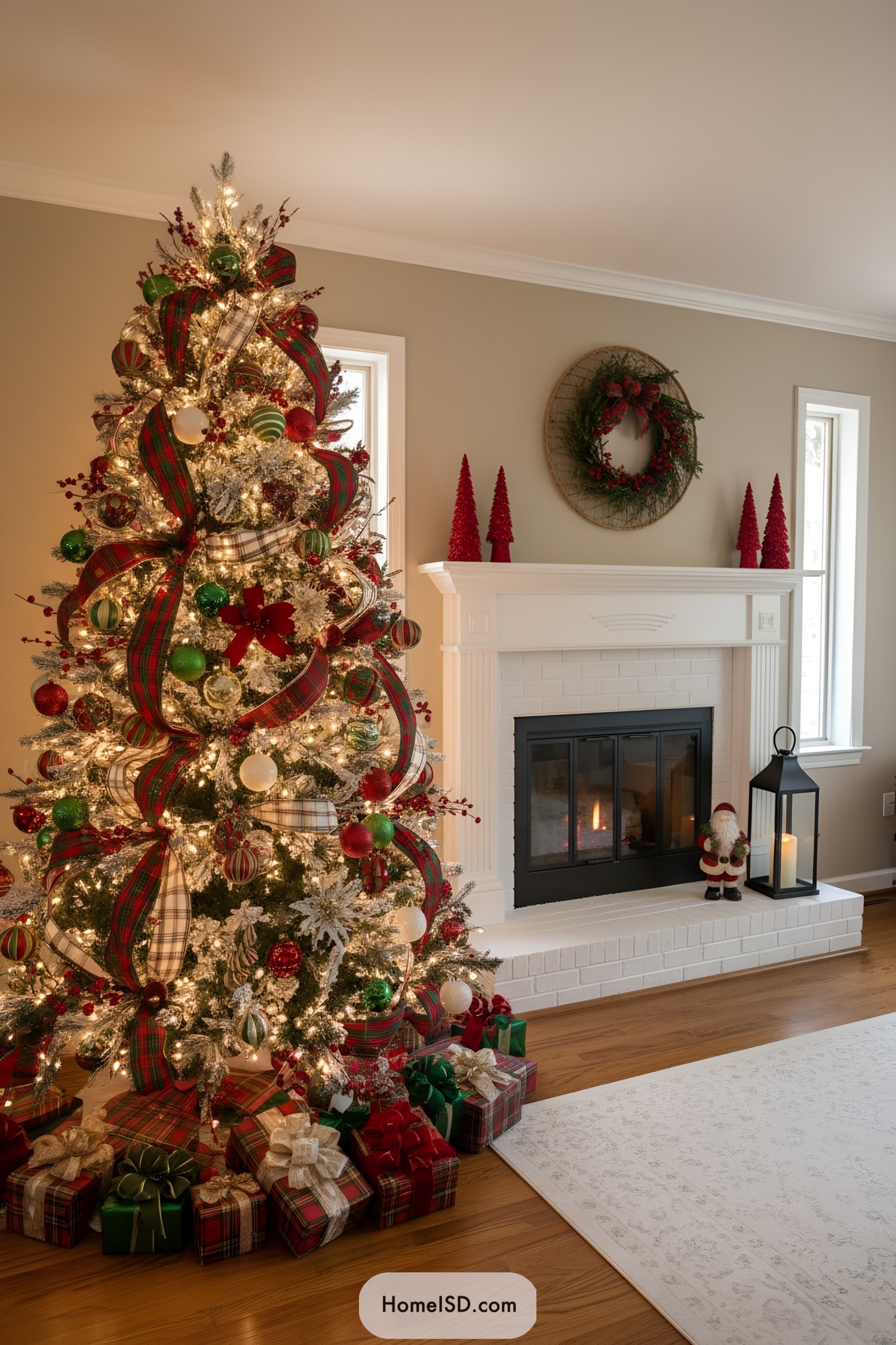 Christmas tree with plaid ribbons, red and green ornaments, and warm lights near a white mantel