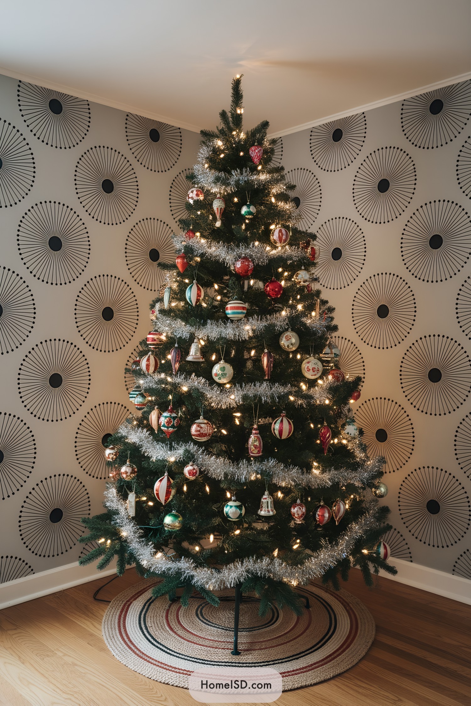 Vintage tinsel garland and glass baubles on a lit Christmas tree against retro sputnik wallpaper
