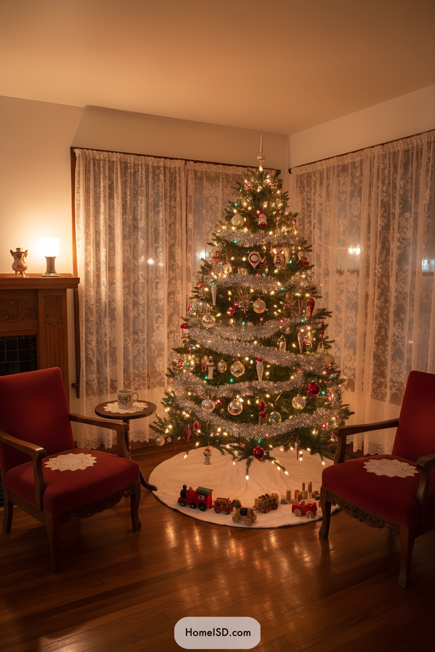 Vintage Christmas tree with tinsel garland and warm lights
