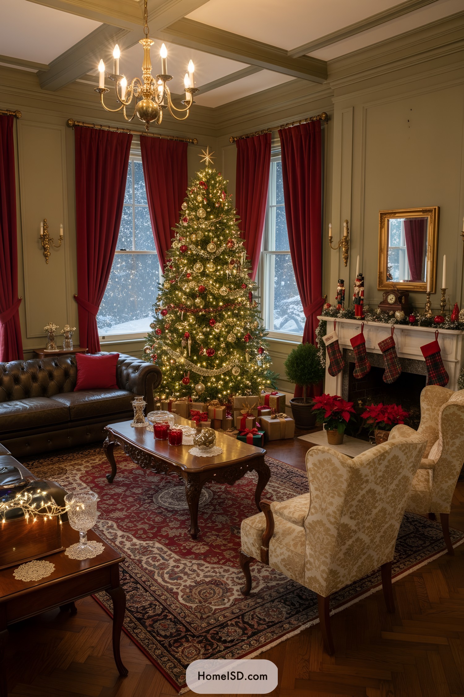 Traditional living room Christmas tree with red and gold ornaments, plaid stockings, and glowing lights by a mantel