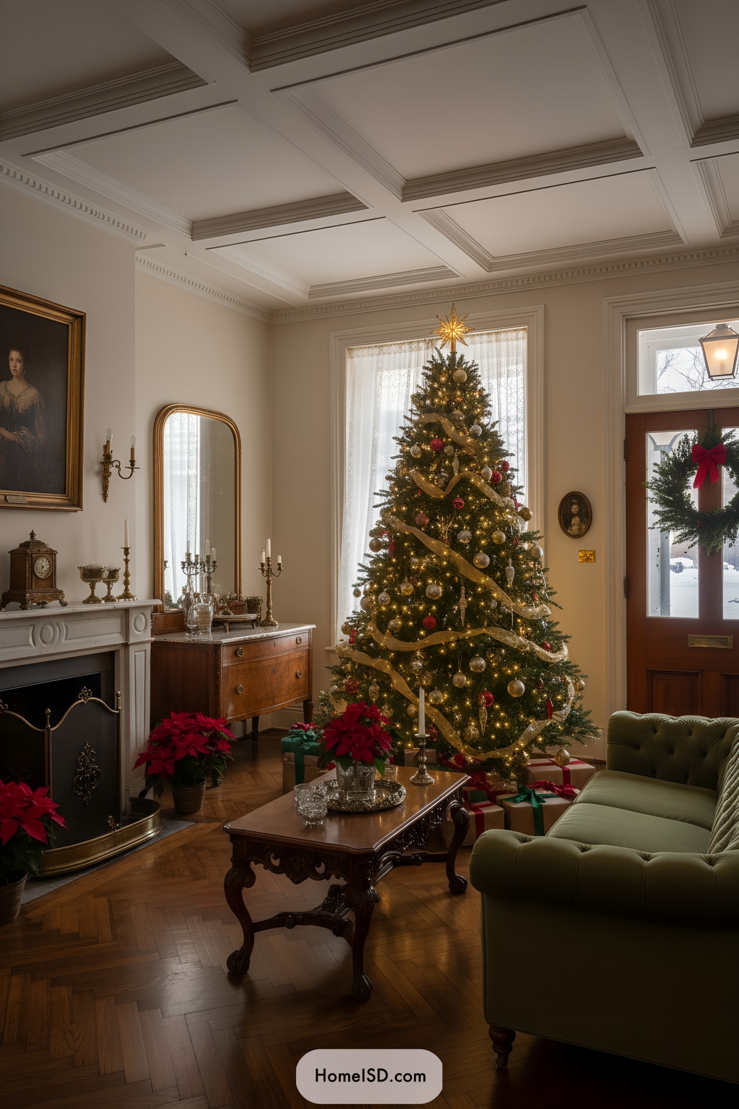 Tall Christmas tree with gold ribbon and warm lights in a classic parlor