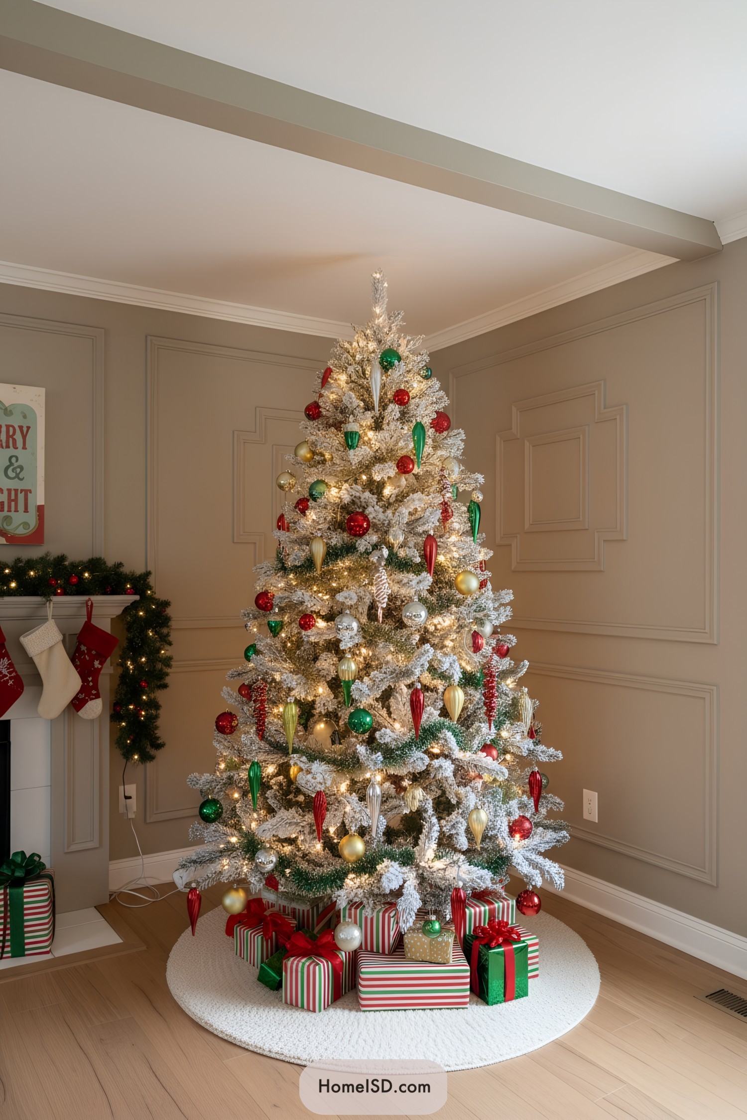 Flocked tree with red, green, and gold ornaments glowing with warm lights