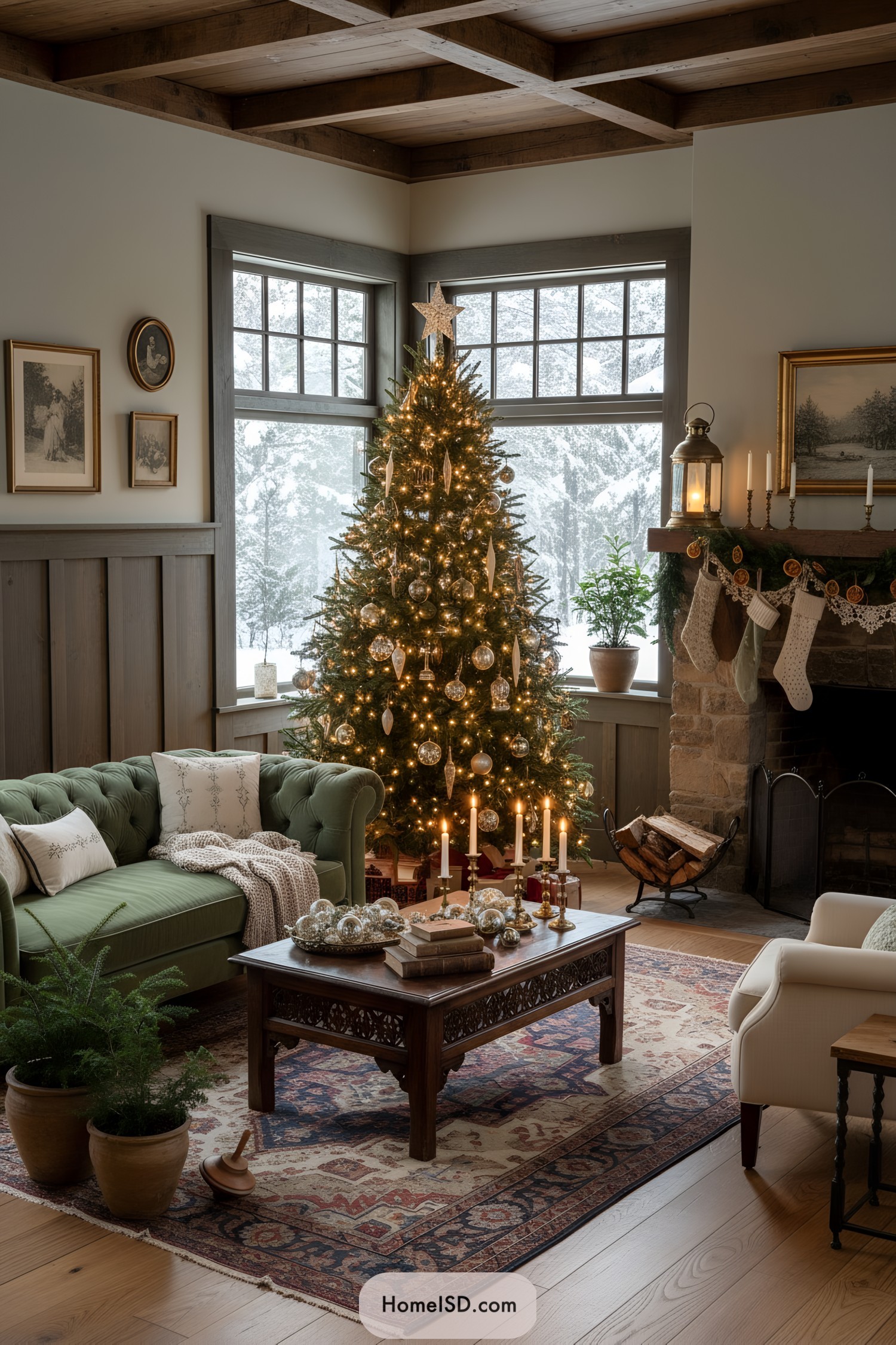 Classic fir with warm lights and gold ornaments in a cozy living room