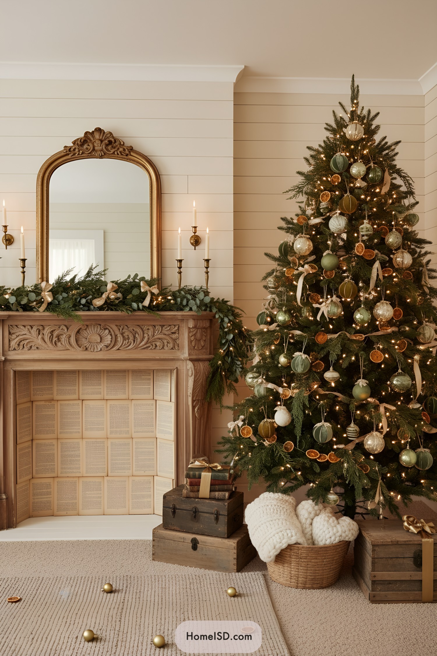 Vintage-style Christmas tree with green ornaments, dried orange slices, and warm lights beside a carved mantel with garland and brass candlesticks