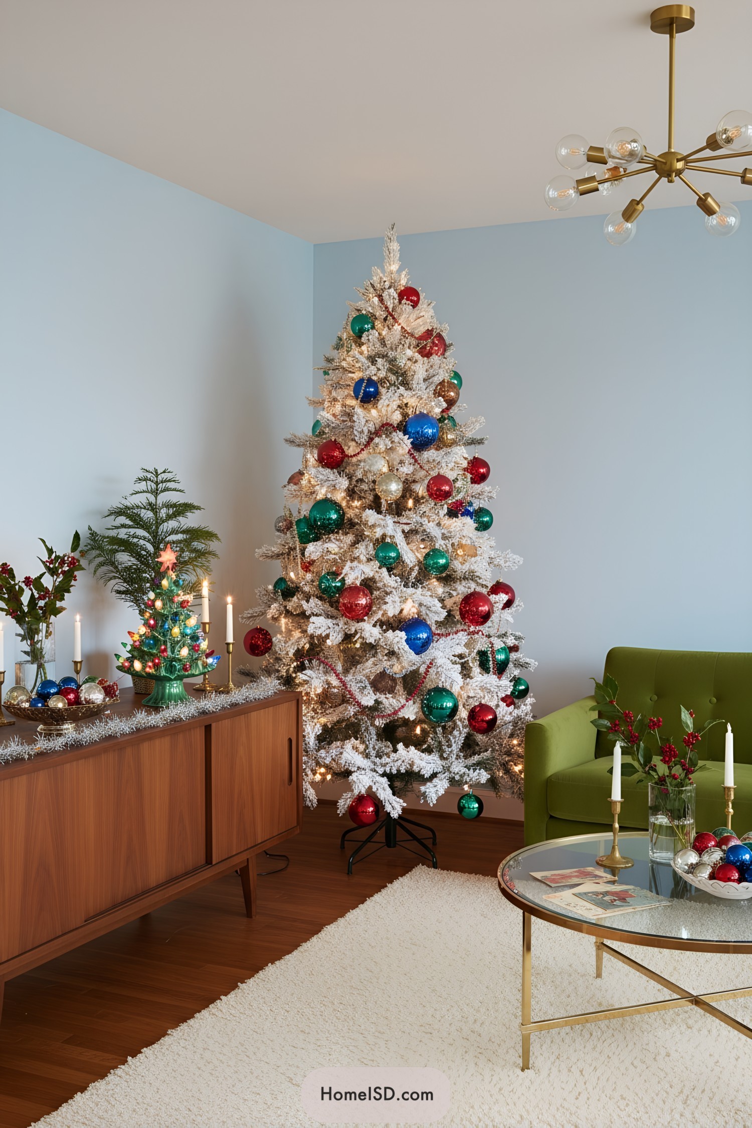 Flocked tree with oversized retro baubles