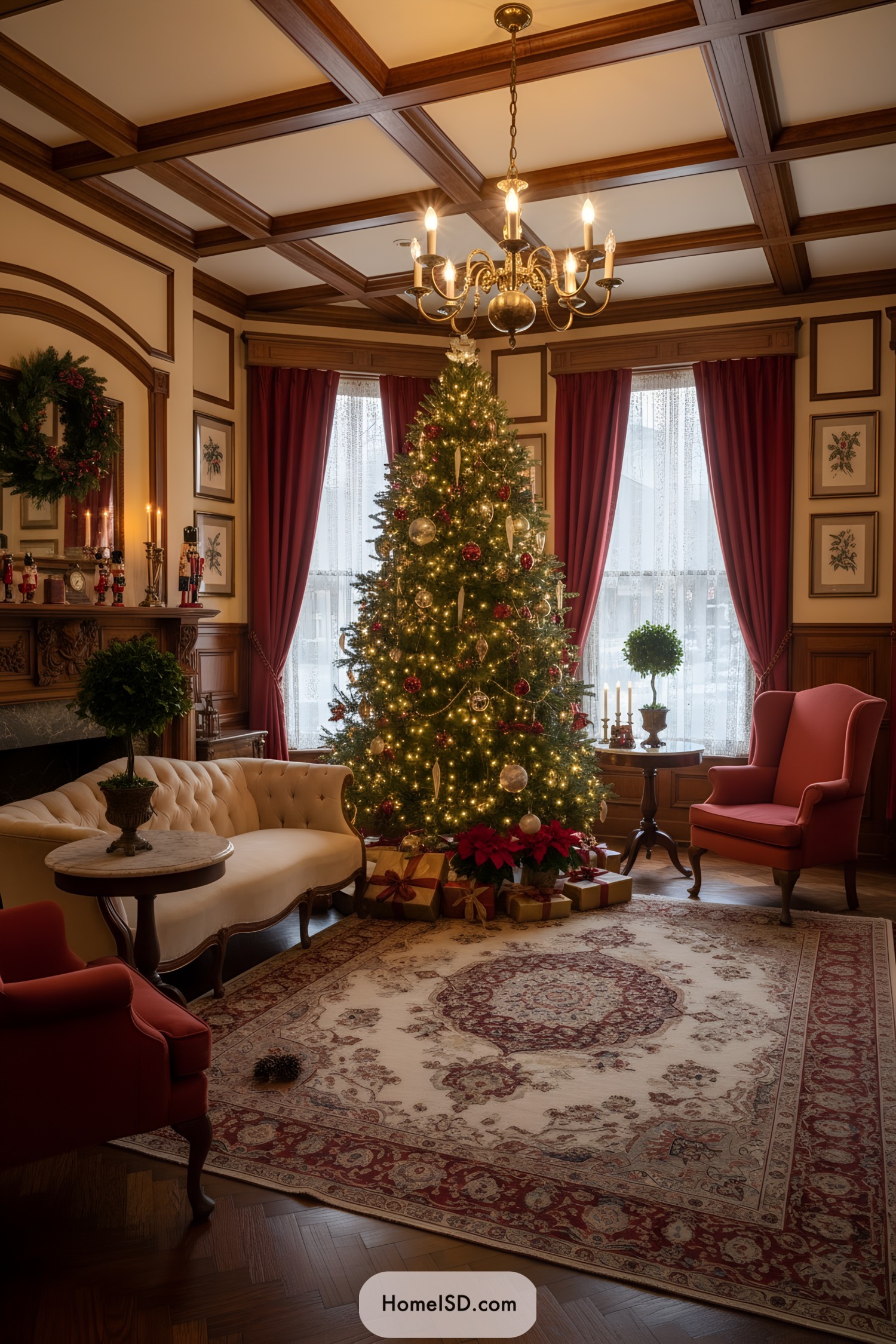 Traditional Christmas tree in a wood-paneled parlor with red drapes and vintage decor