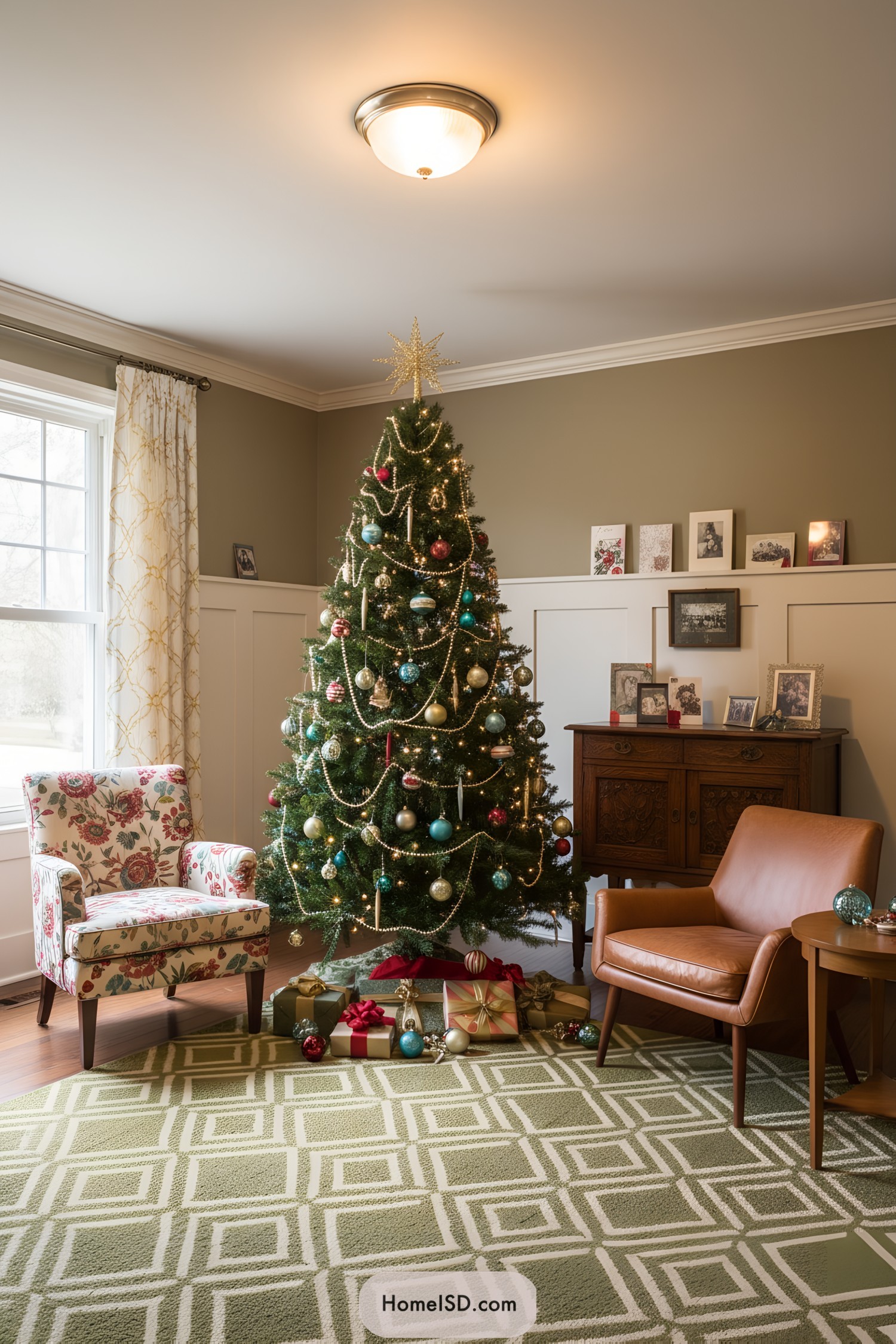Vintage-style Christmas tree with heirloom ornaments and warm lights in a cozy living room