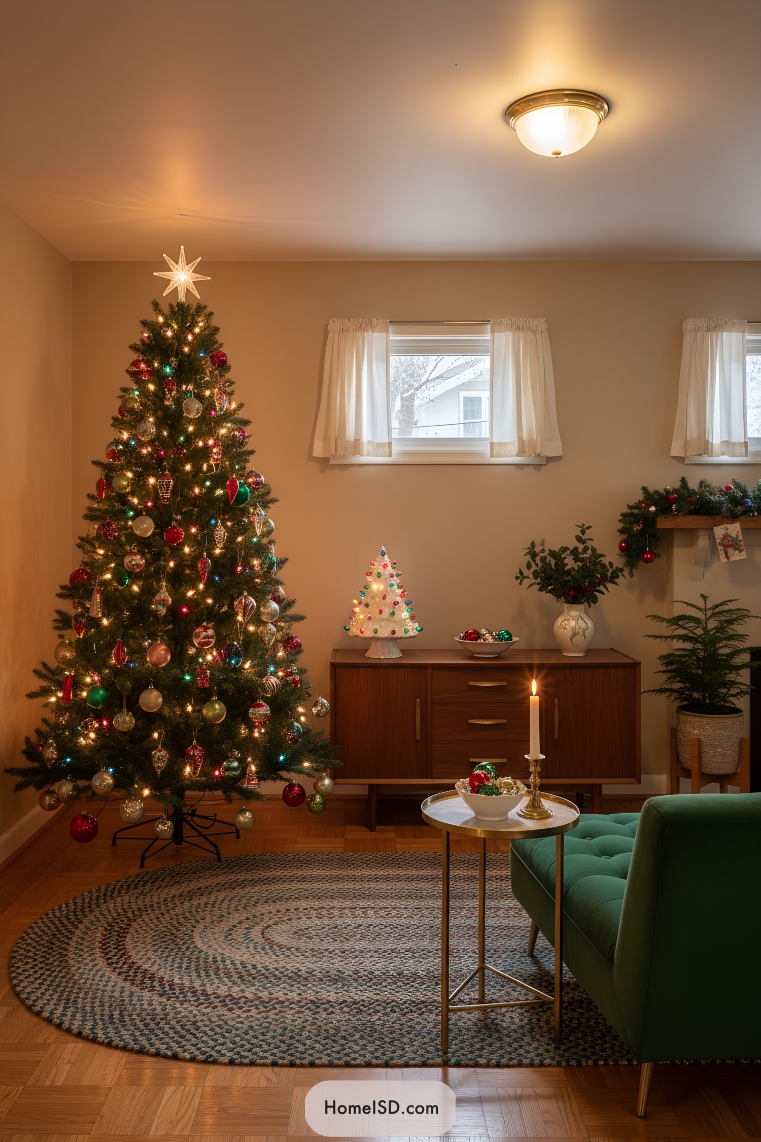 Vintage living room with decorated Christmas tree and midcentury cabinet