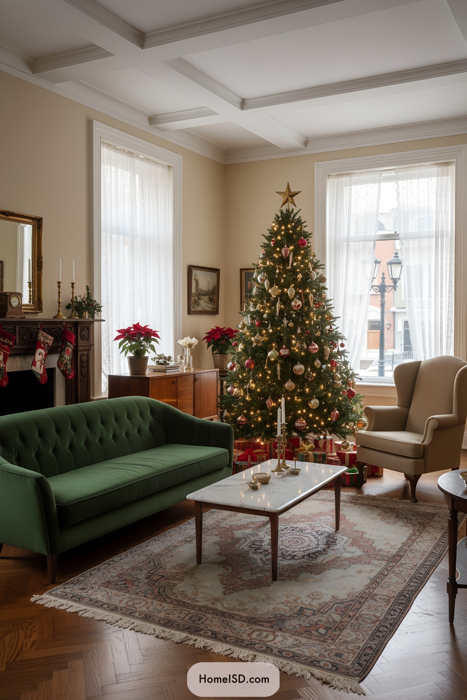 Vintage-style Christmas tree with warm lights, gold star topper, and classic ornaments in a refined parlor
