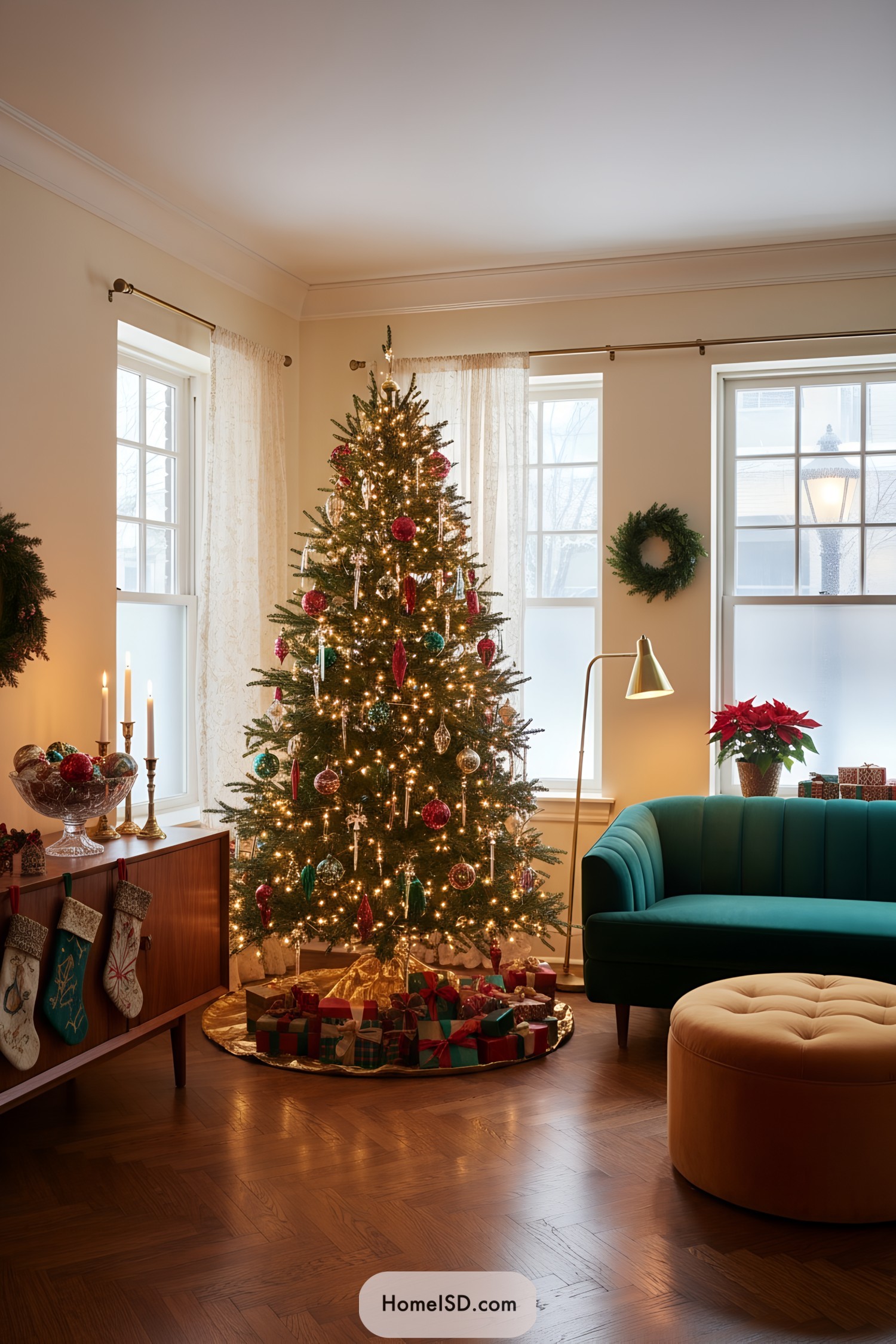 Vintage-style Christmas tree with warm lights and jewel-toned ornaments