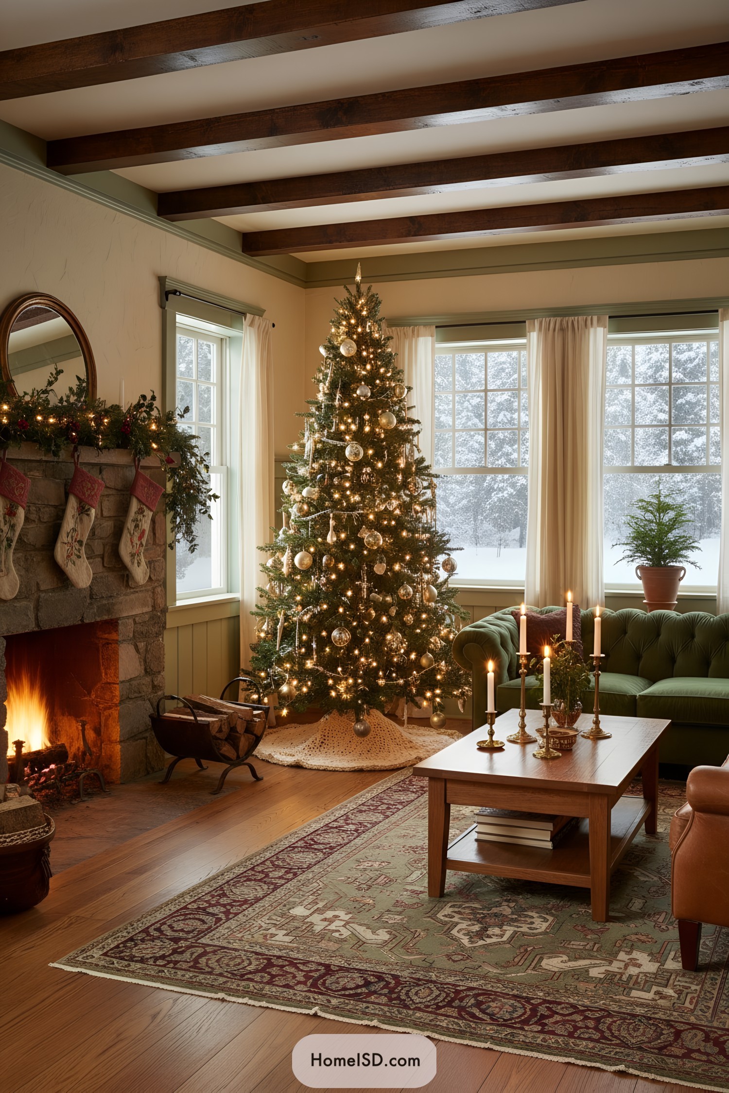 Cozy vintage Christmas tree by fireplace