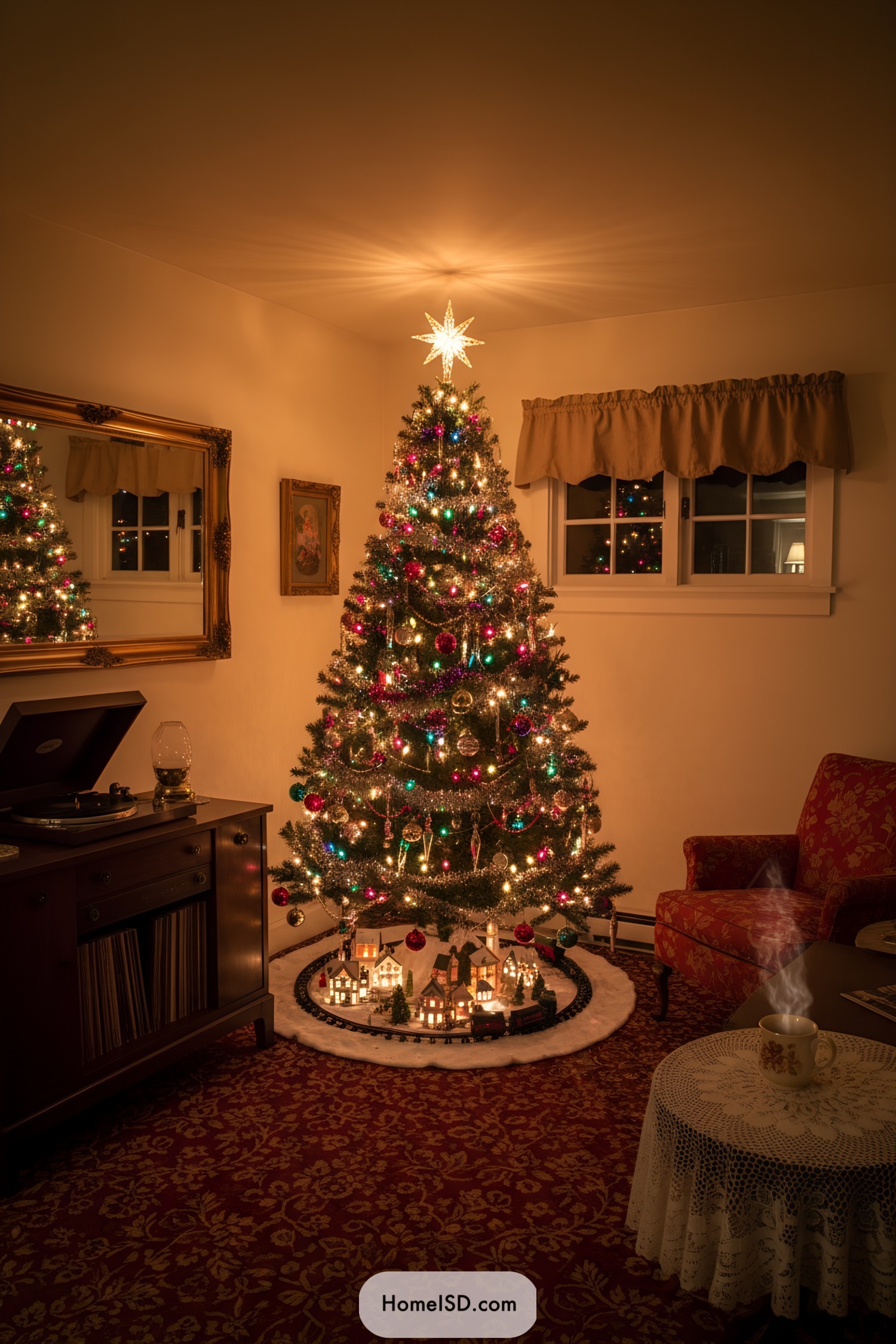 Vintage-style Christmas tree with multicolor lights, tinsel, and a lit village train at the base