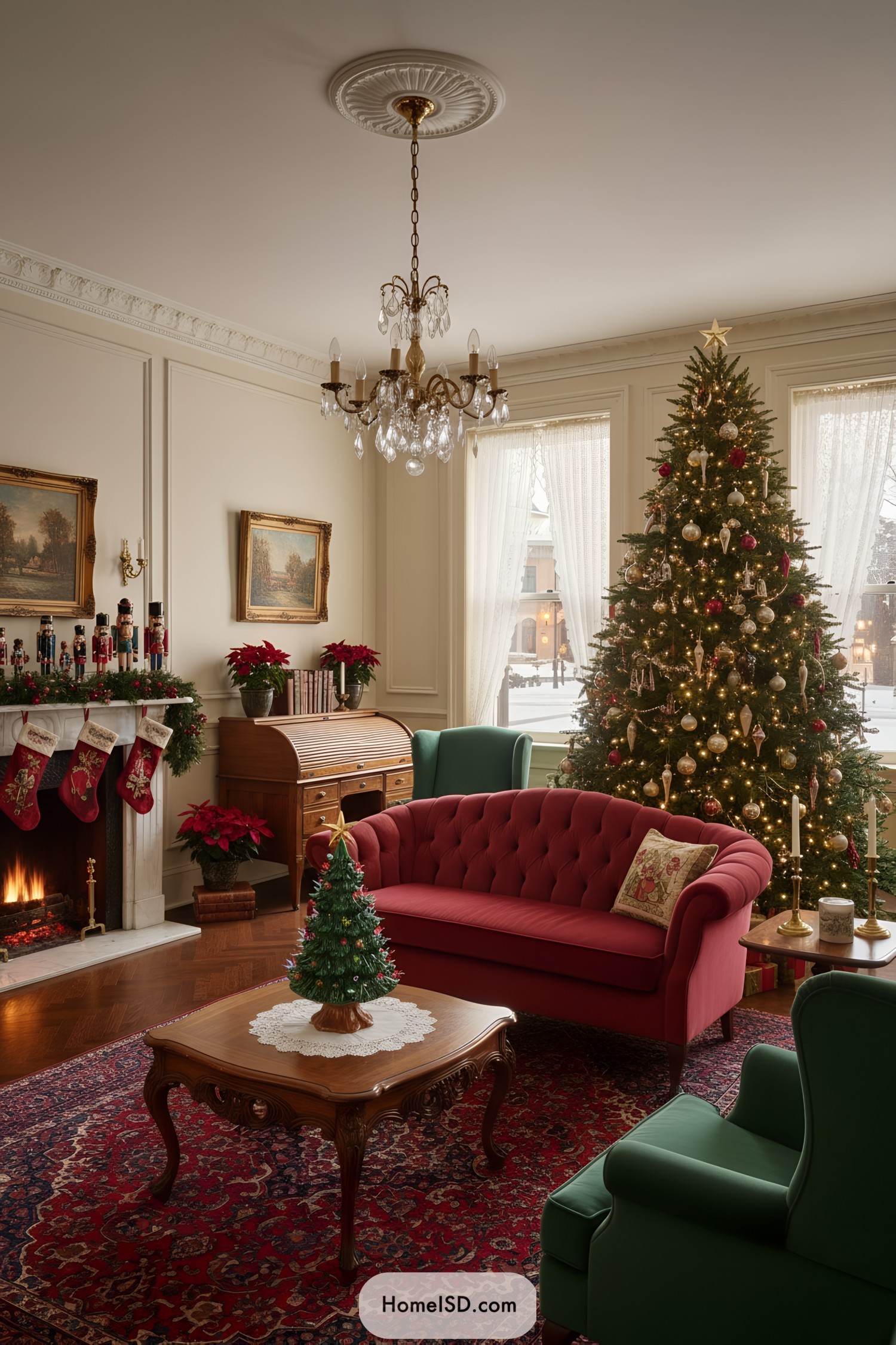 Elegant vintage living room with decorated Christmas tree
