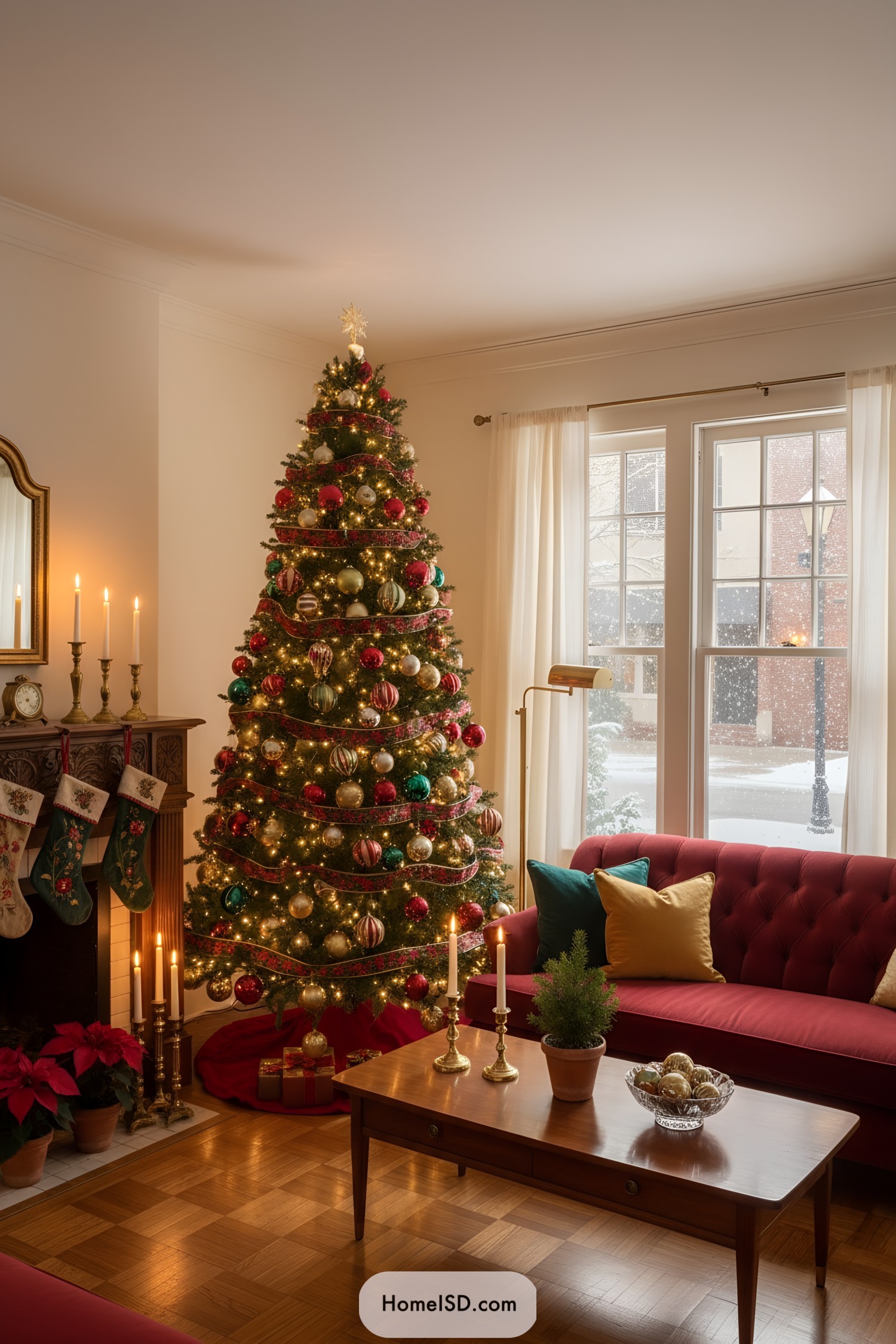 Vintage Christmas tree with red and gold ornaments by a fireplace