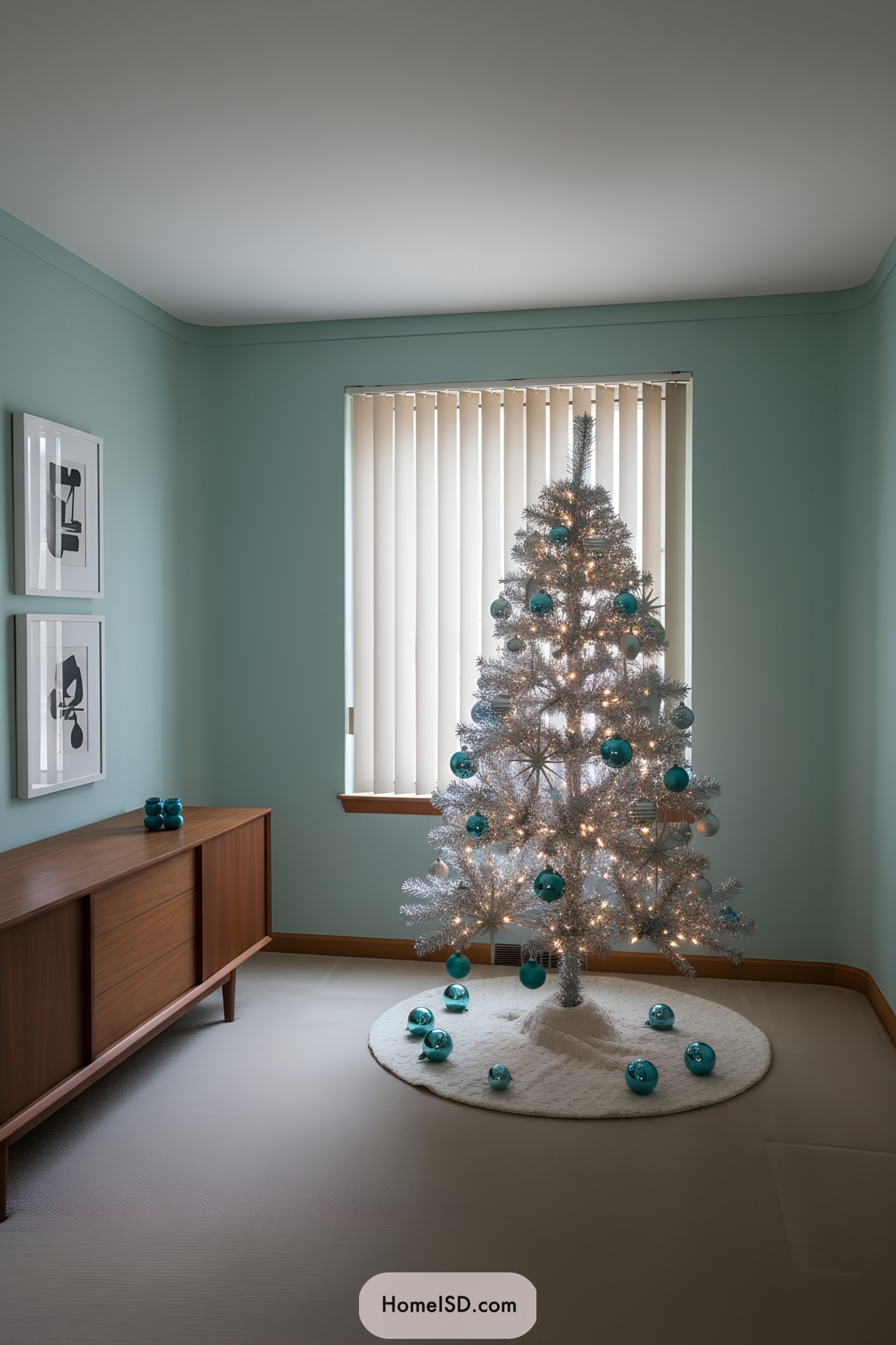 Silver tinsel tree with teal ornaments and warm lights in a mint-painted midcentury room