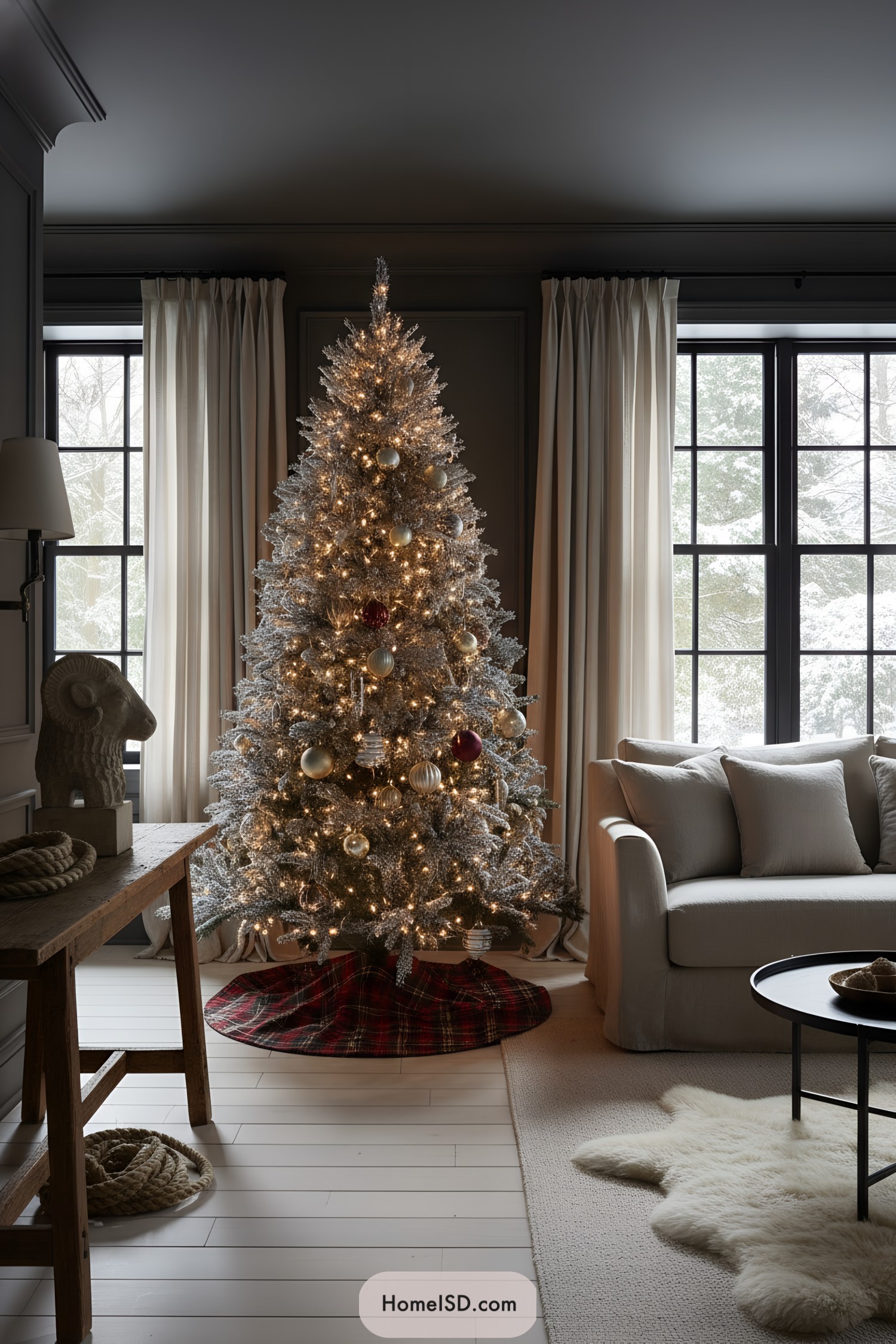 Flocked silver Christmas tree with warm lights and plaid tree skirt in a cozy living room