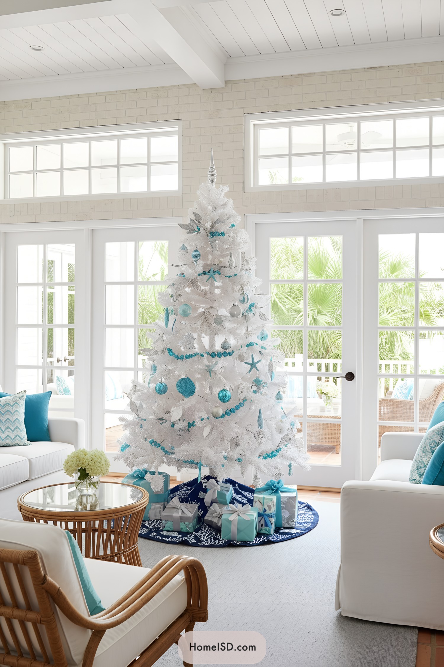 White Christmas tree with turquoise ornaments and beachy accents in a bright coastal living room
