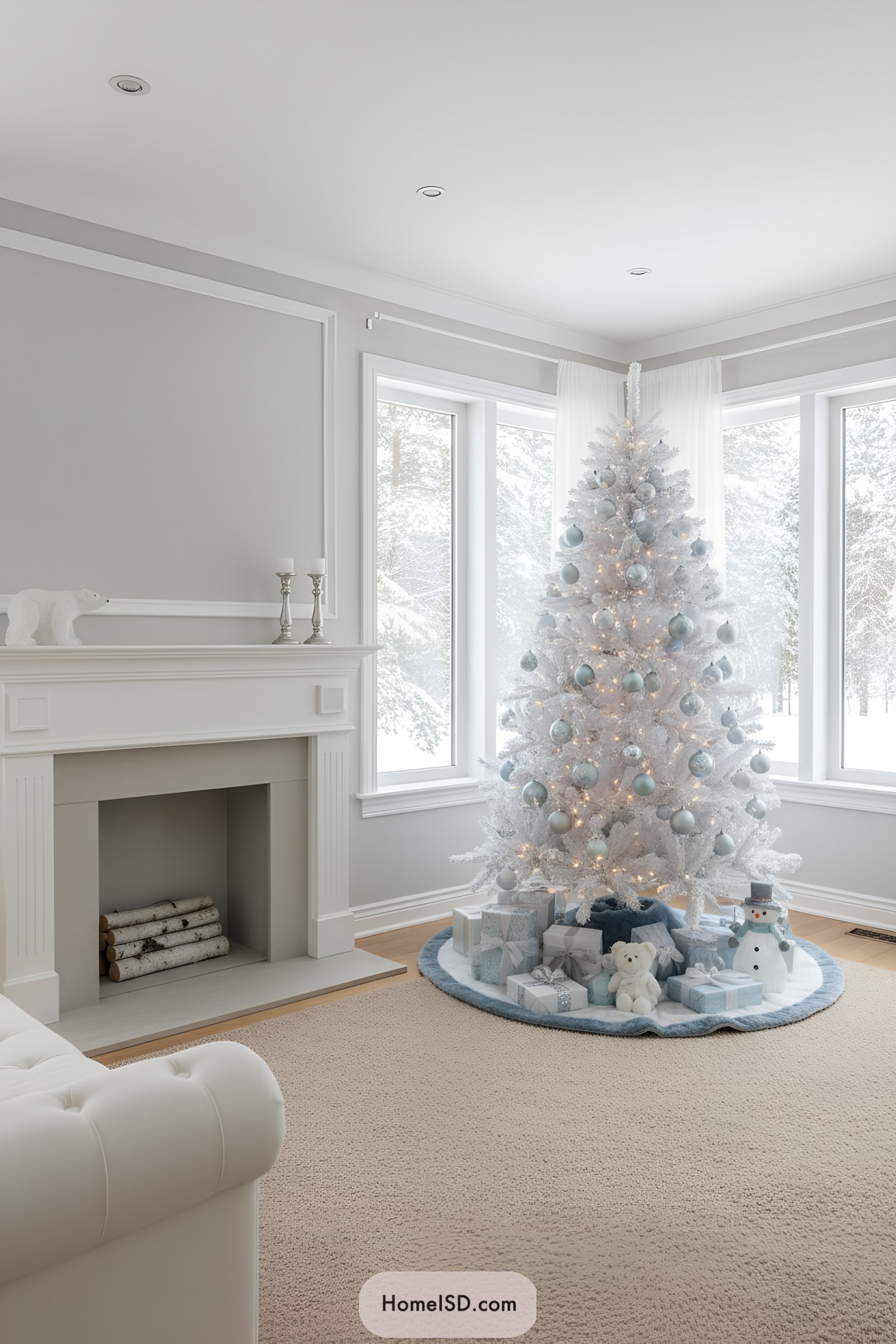 White Christmas tree with silver-blue ornaments and gifts