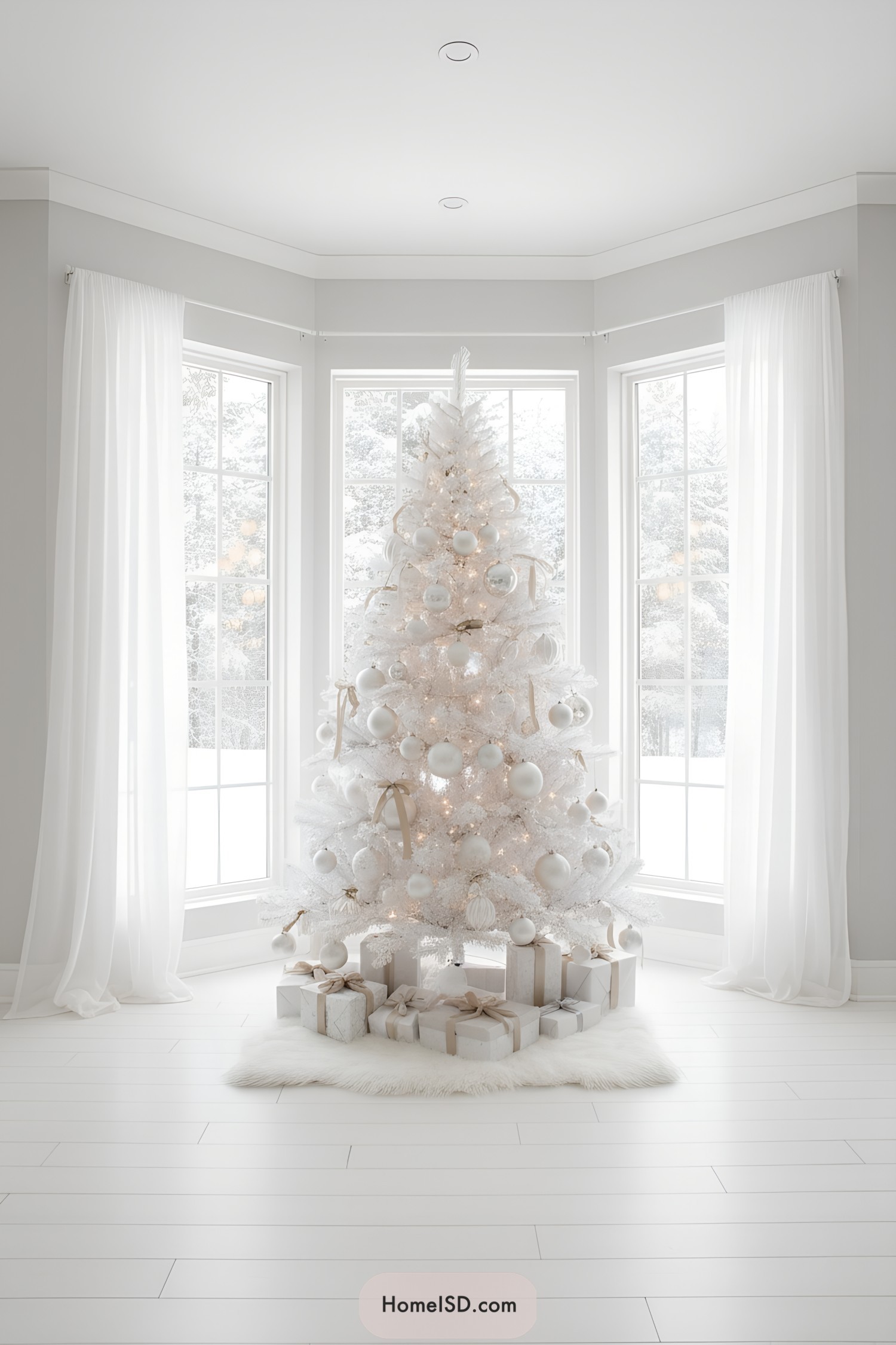 White Christmas tree with soft lights, white ornaments, and taupe ribbons in a bright bay window