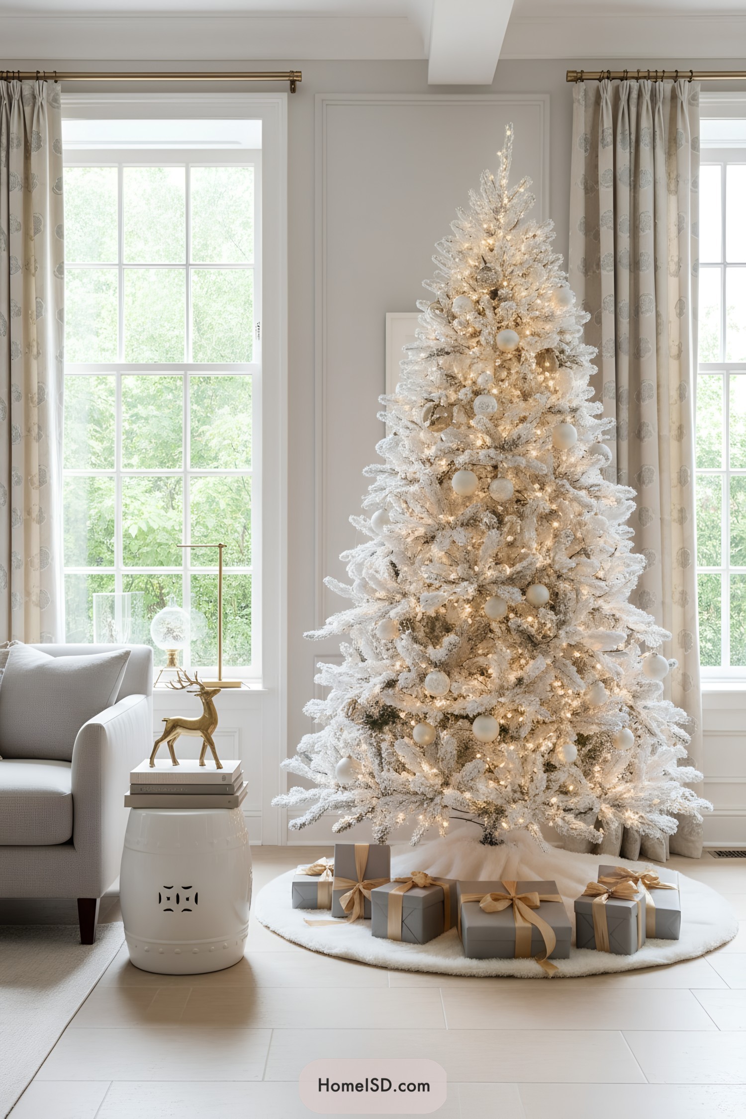 White flocked tree with gold ornaments and warm lights