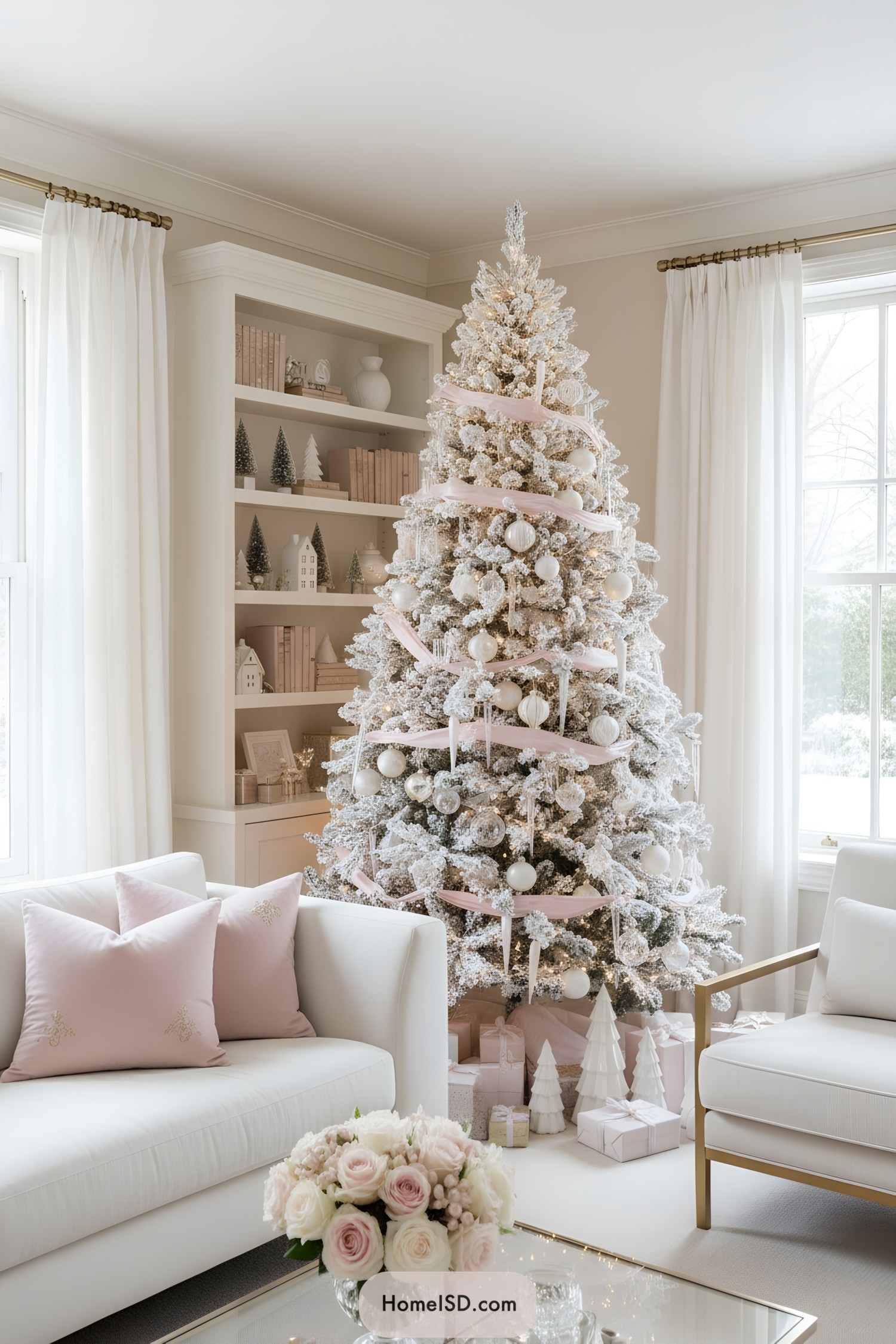 White flocked tree with blush ribbons and white ornaments