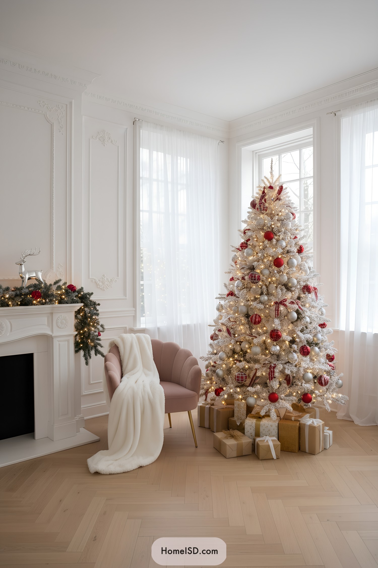White Christmas tree with red and silver ornaments