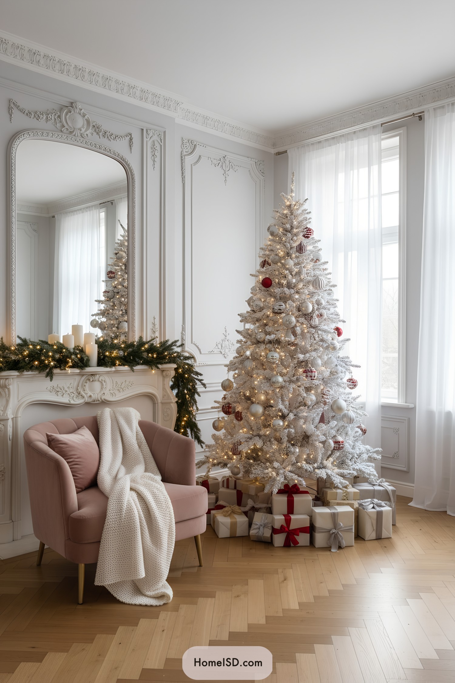 White Christmas tree with red and silver ornaments beside a mantel and wrapped gifts