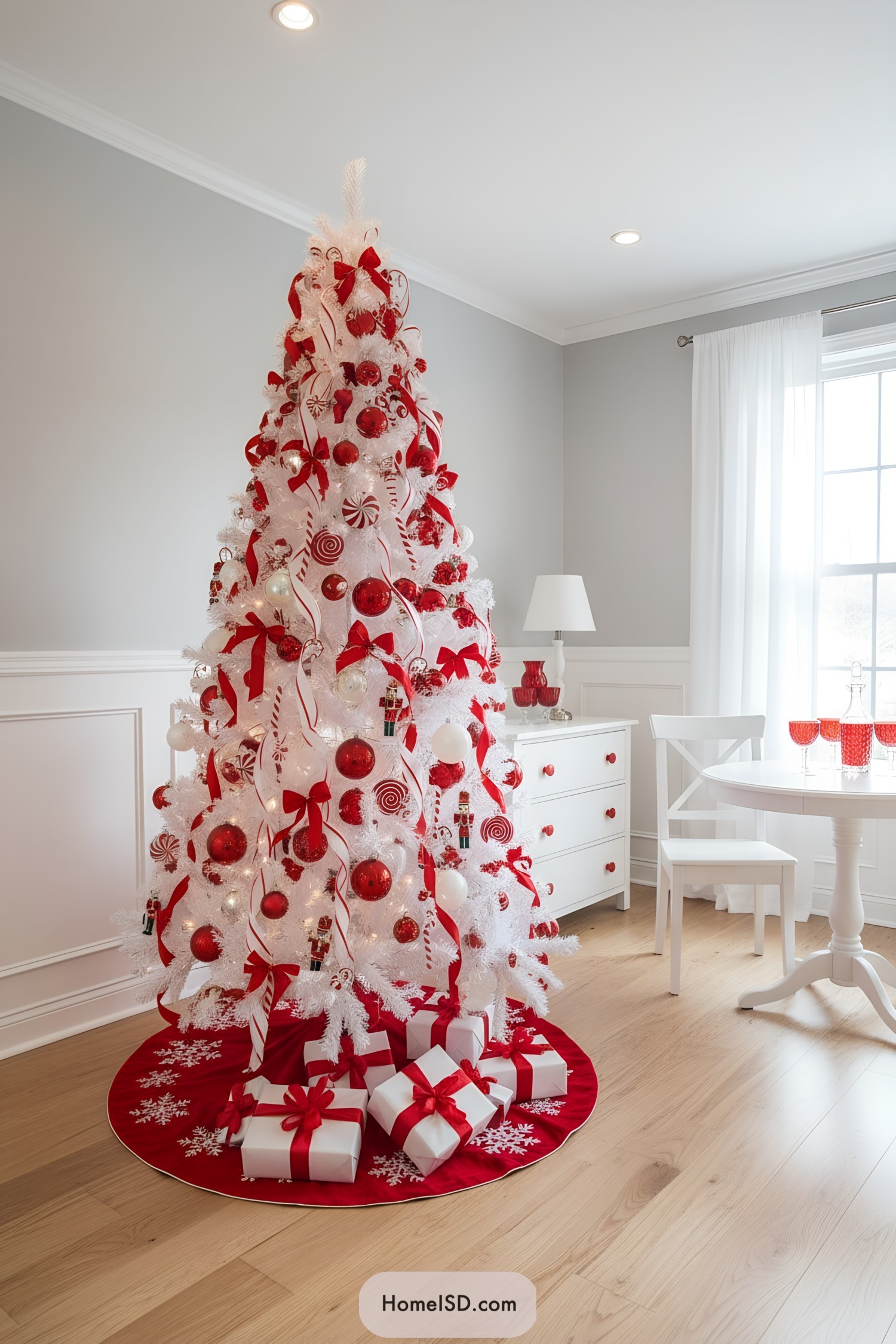 White tree with red ornaments and candy-striped ribbons
