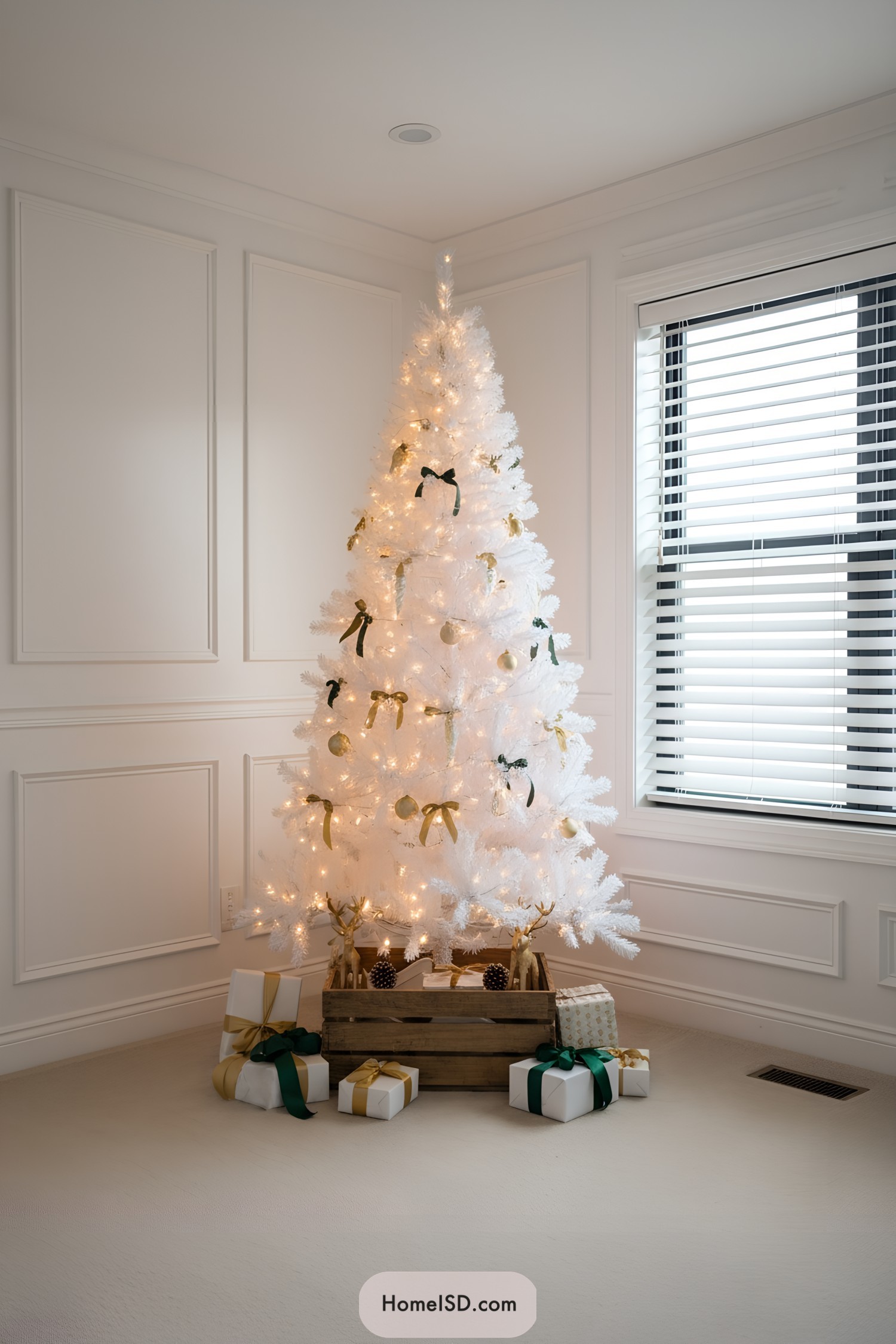 White tree with green bows and warm lights