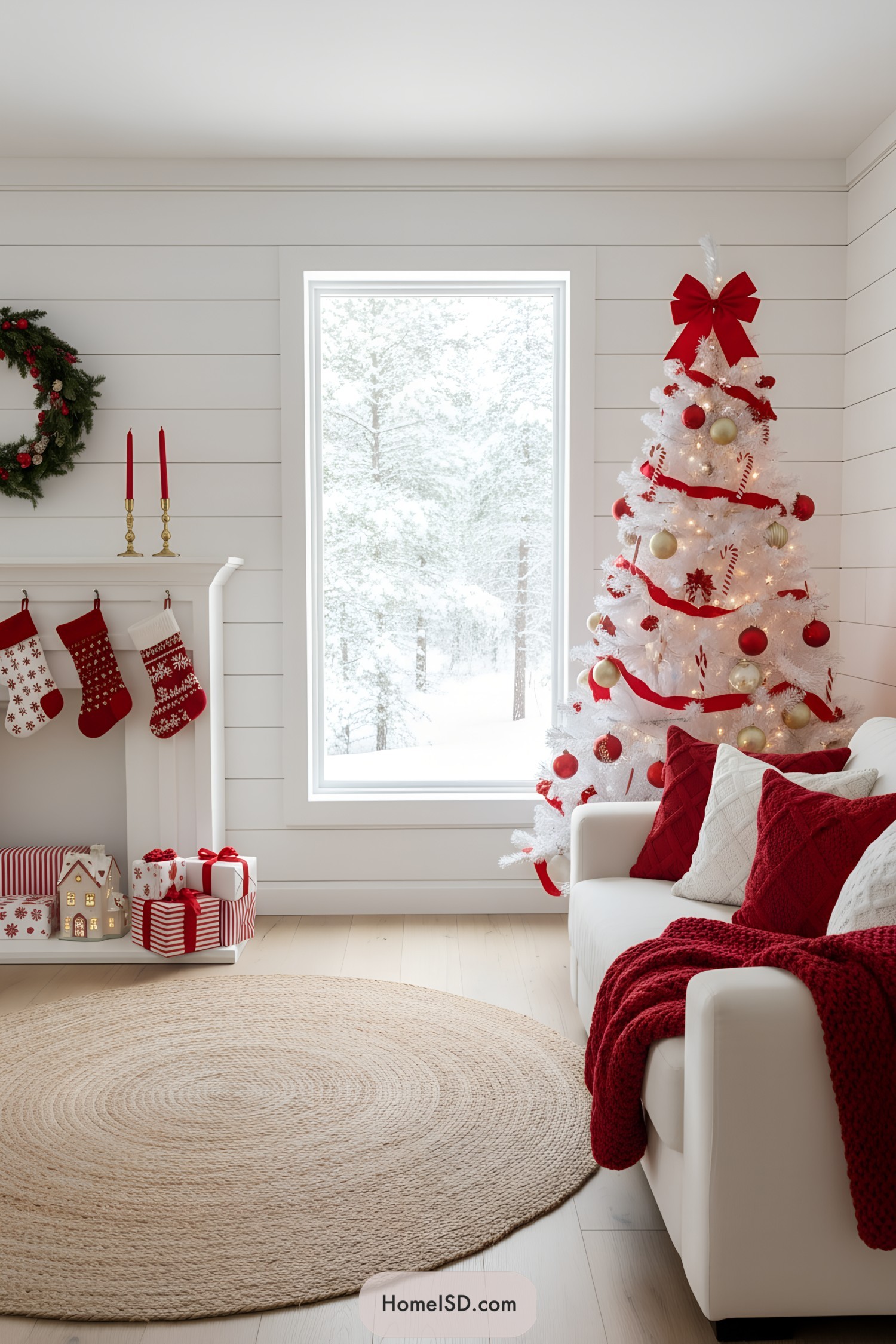 White Christmas tree with red ribbon and ornaments