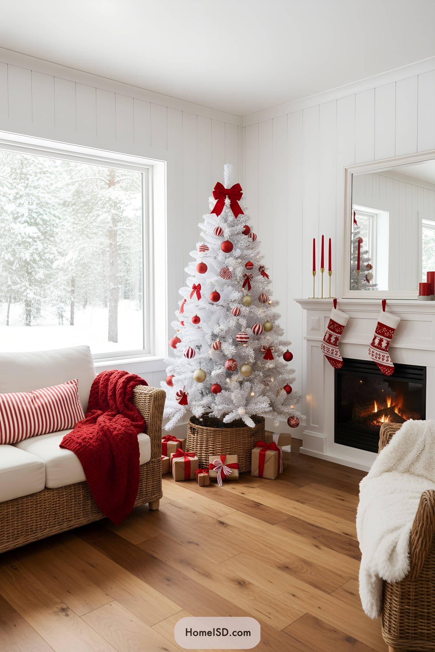 White Christmas tree with red ornaments