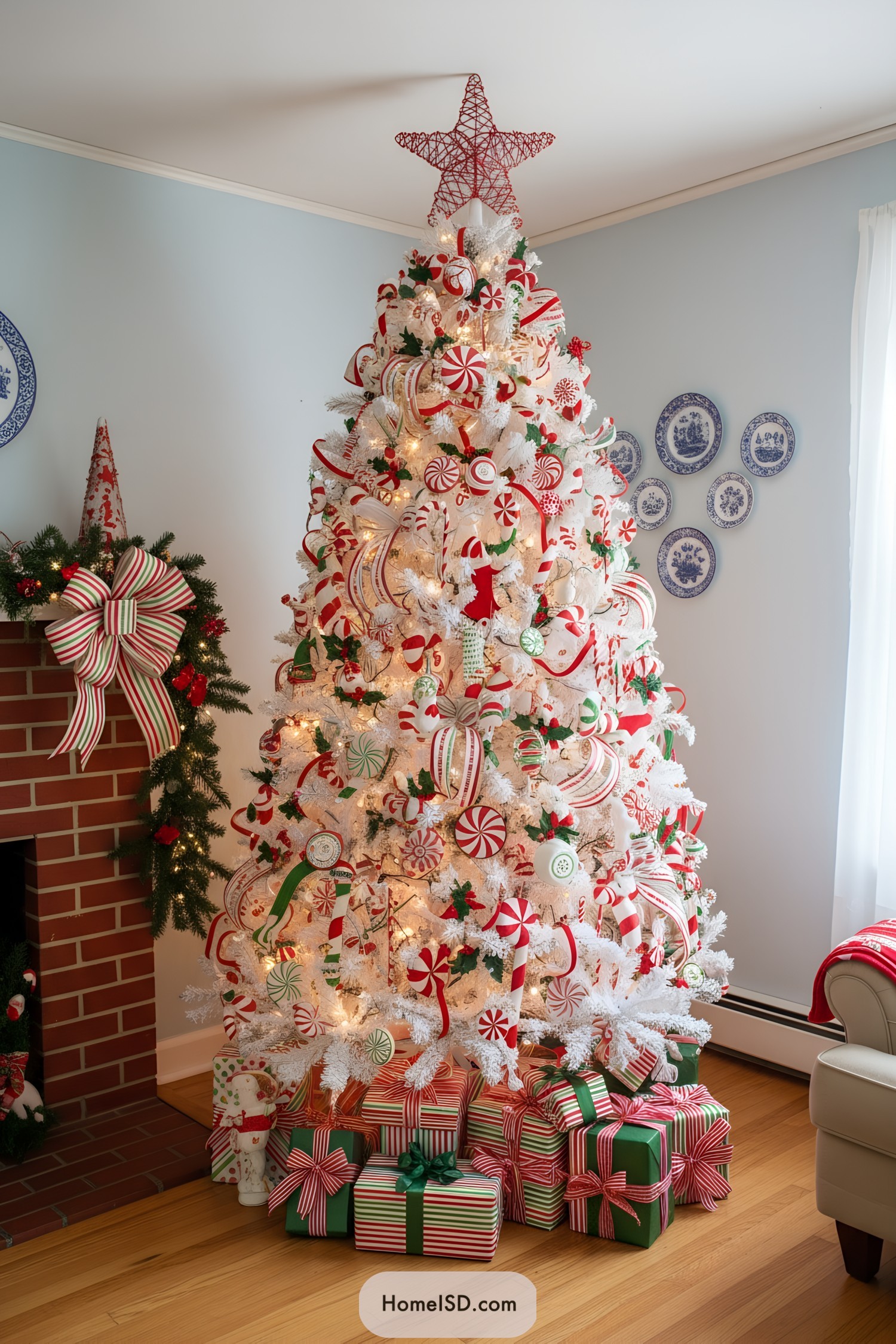 White tree with red-and-green candy decor
