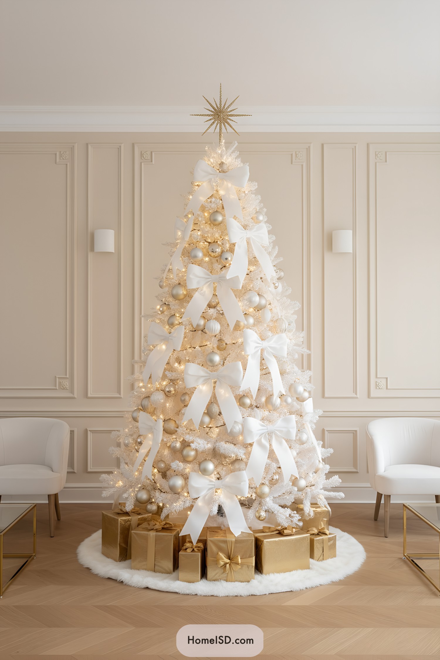 White tree with big white bows and gold ornaments