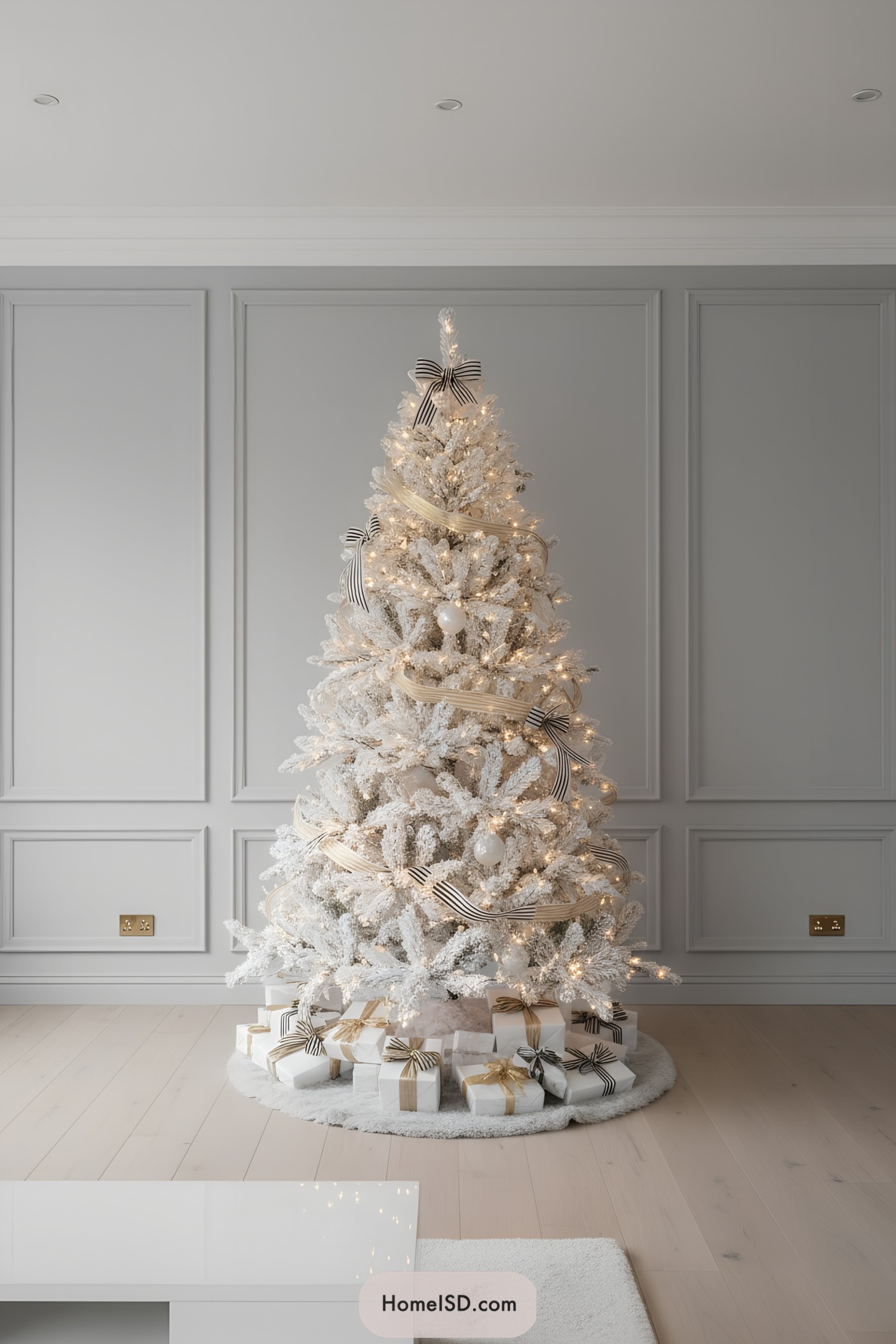 White Christmas tree with black-and-gold ribbons and warm lights