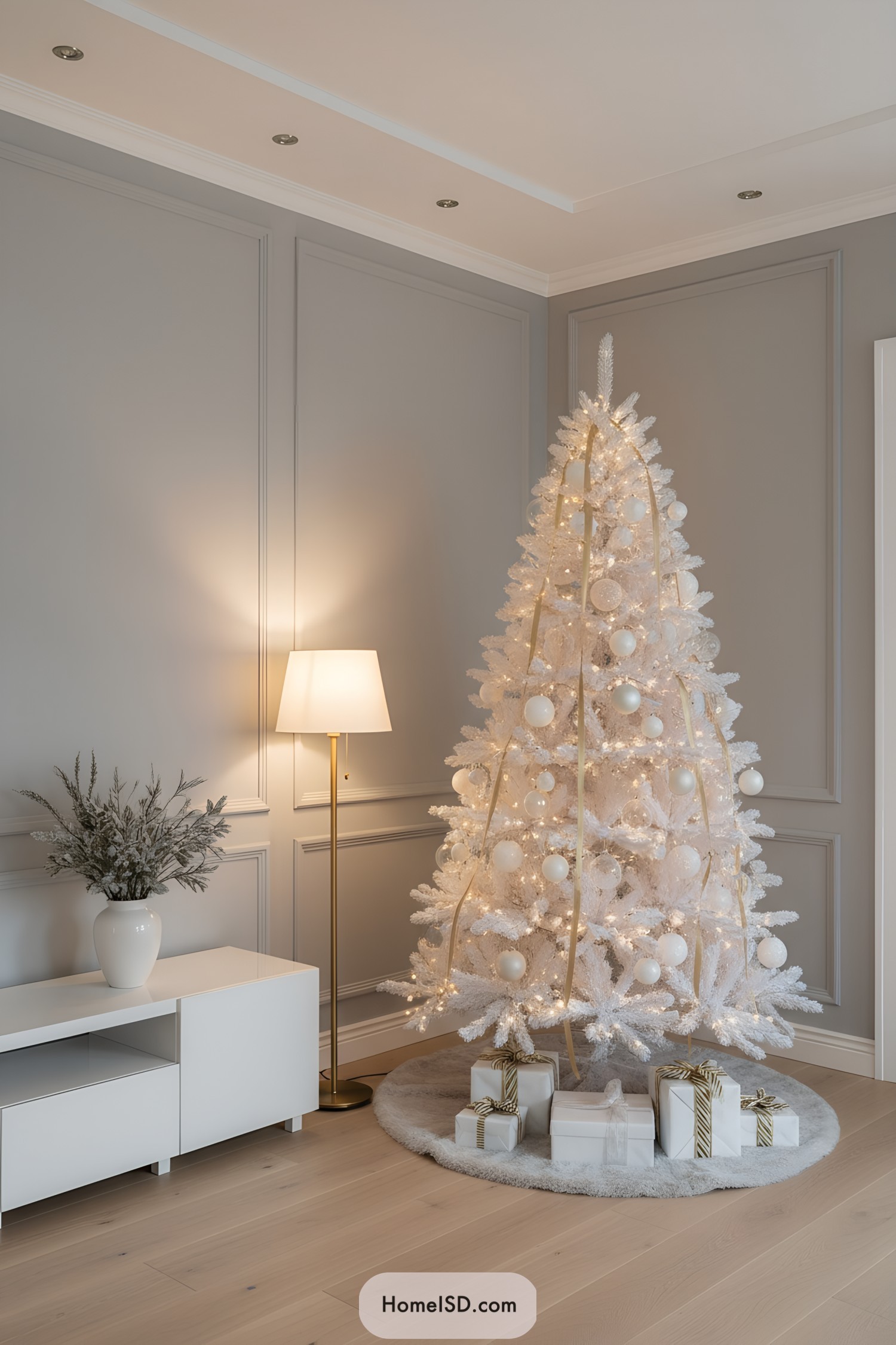 White tree with gold ribbons and lights
