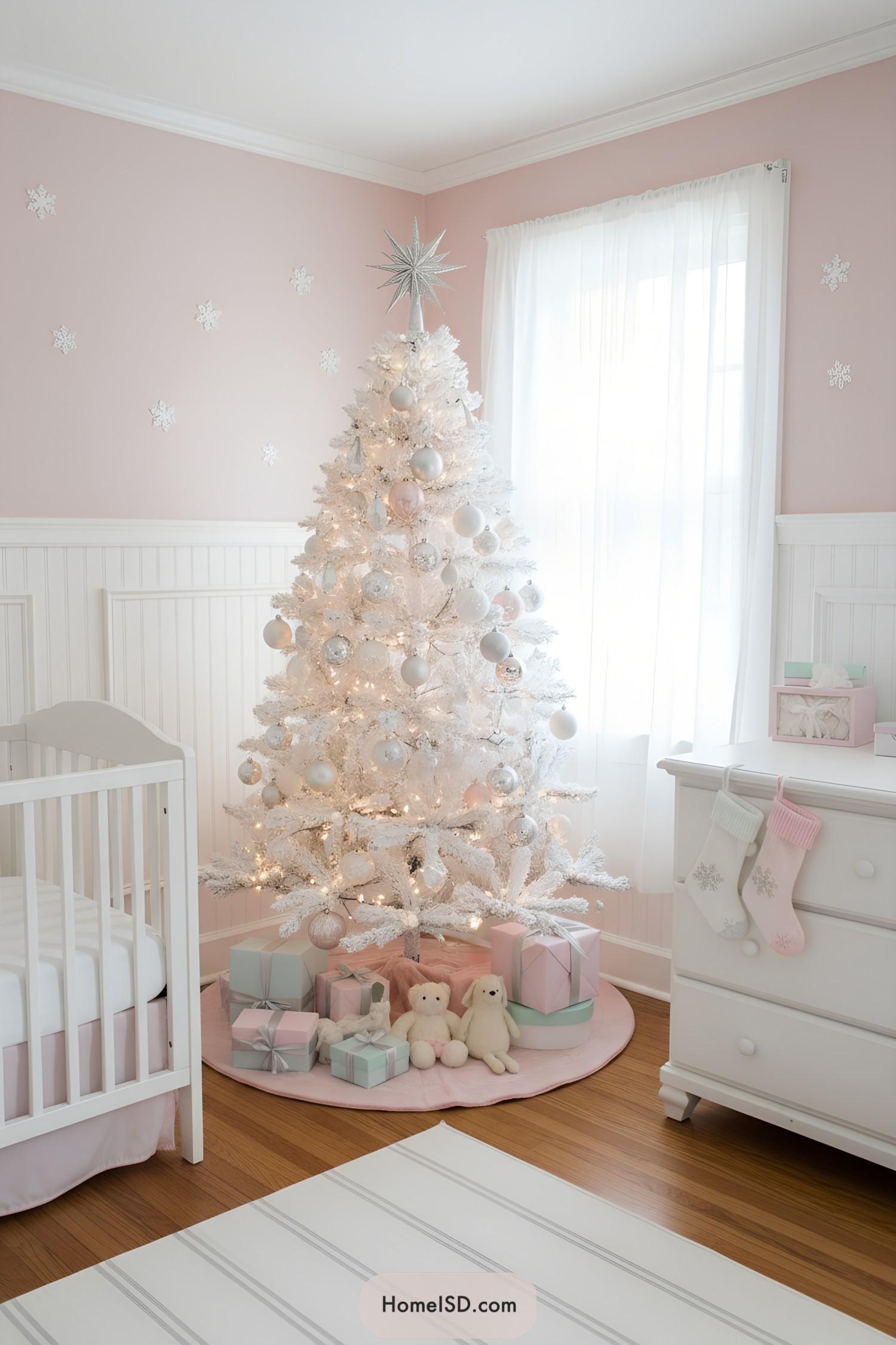 White Christmas tree with pastel ornaments and gifts in a pink nursery