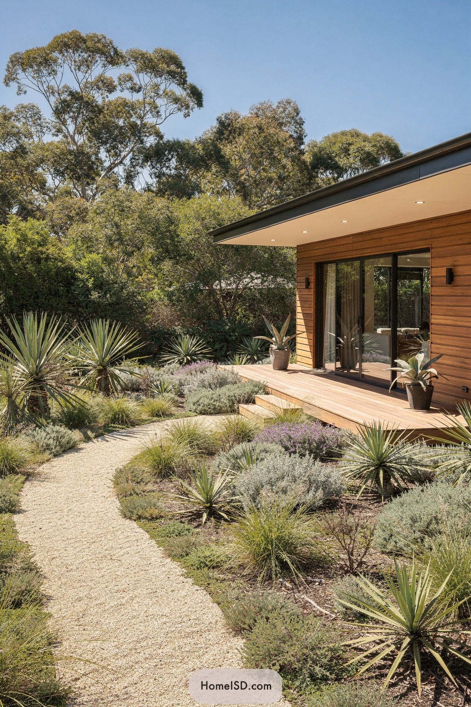 Modern timber deck opening onto a winding gravel path through a drought-tolerant native garden