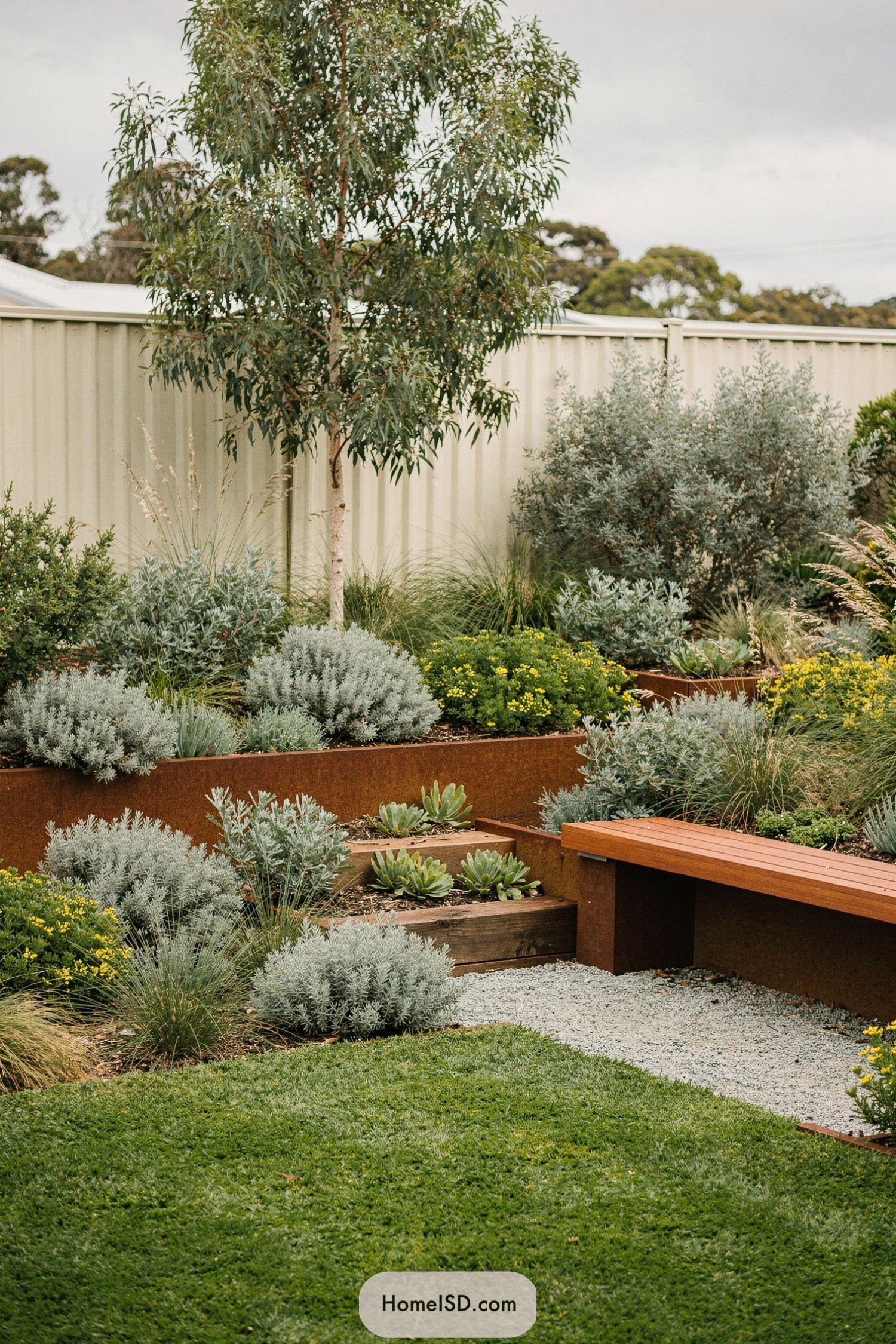 Layered Australian backyard with rusted planters