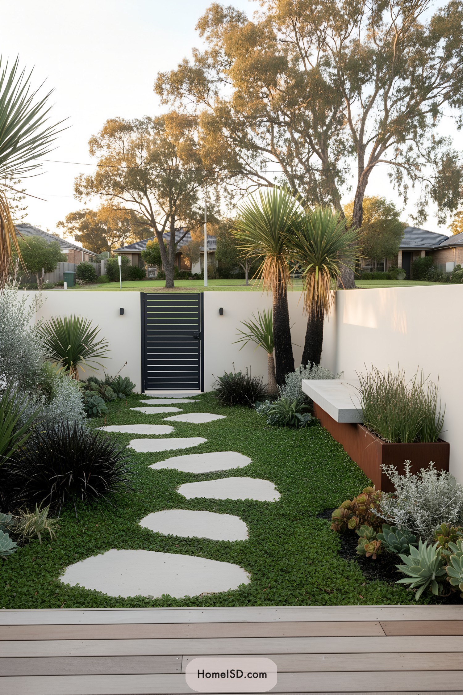 Modern Australian courtyard garden with large stepping stones and sculptural native plants