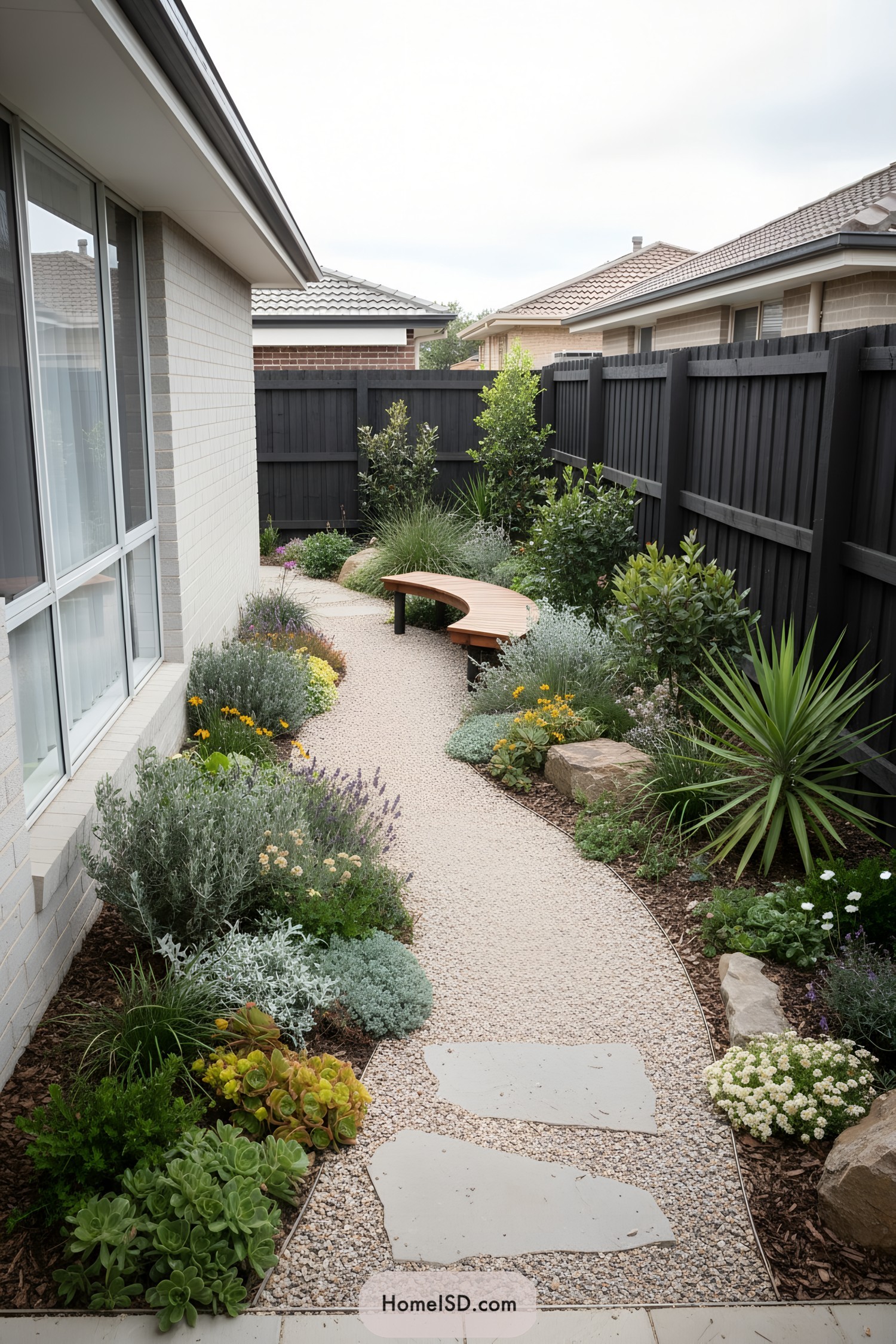 Narrow backyard with winding gravel path and lush low plantings around a curved bench