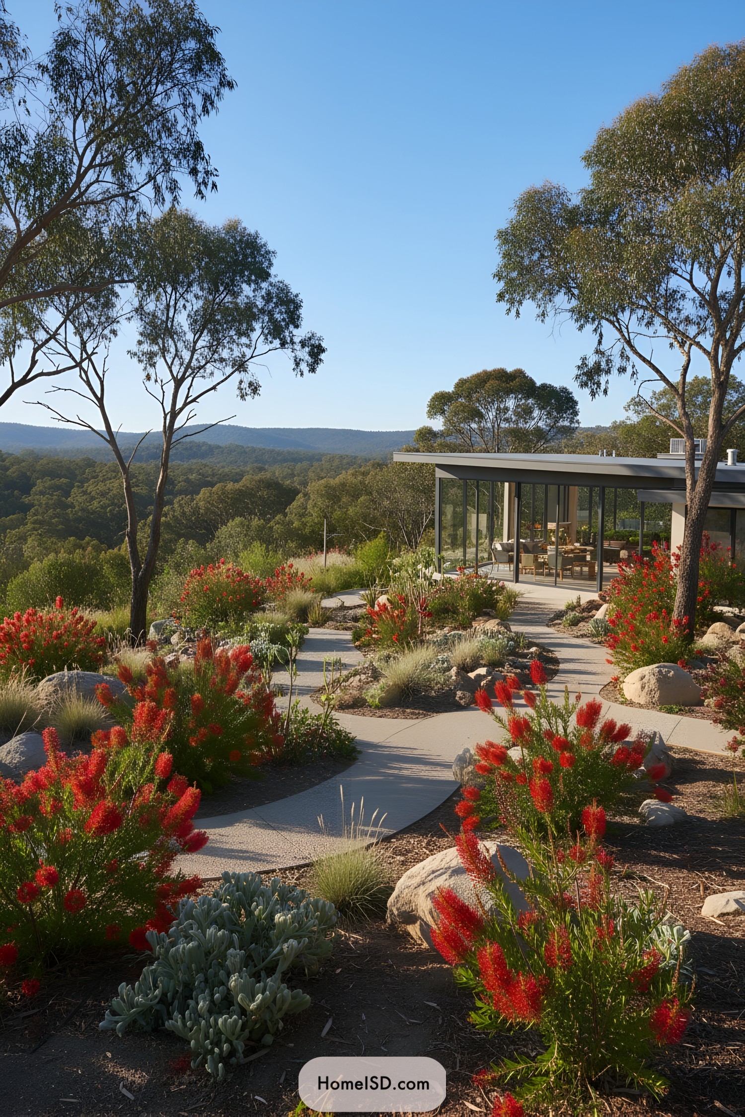 Native garden with winding path overlooking forested hills