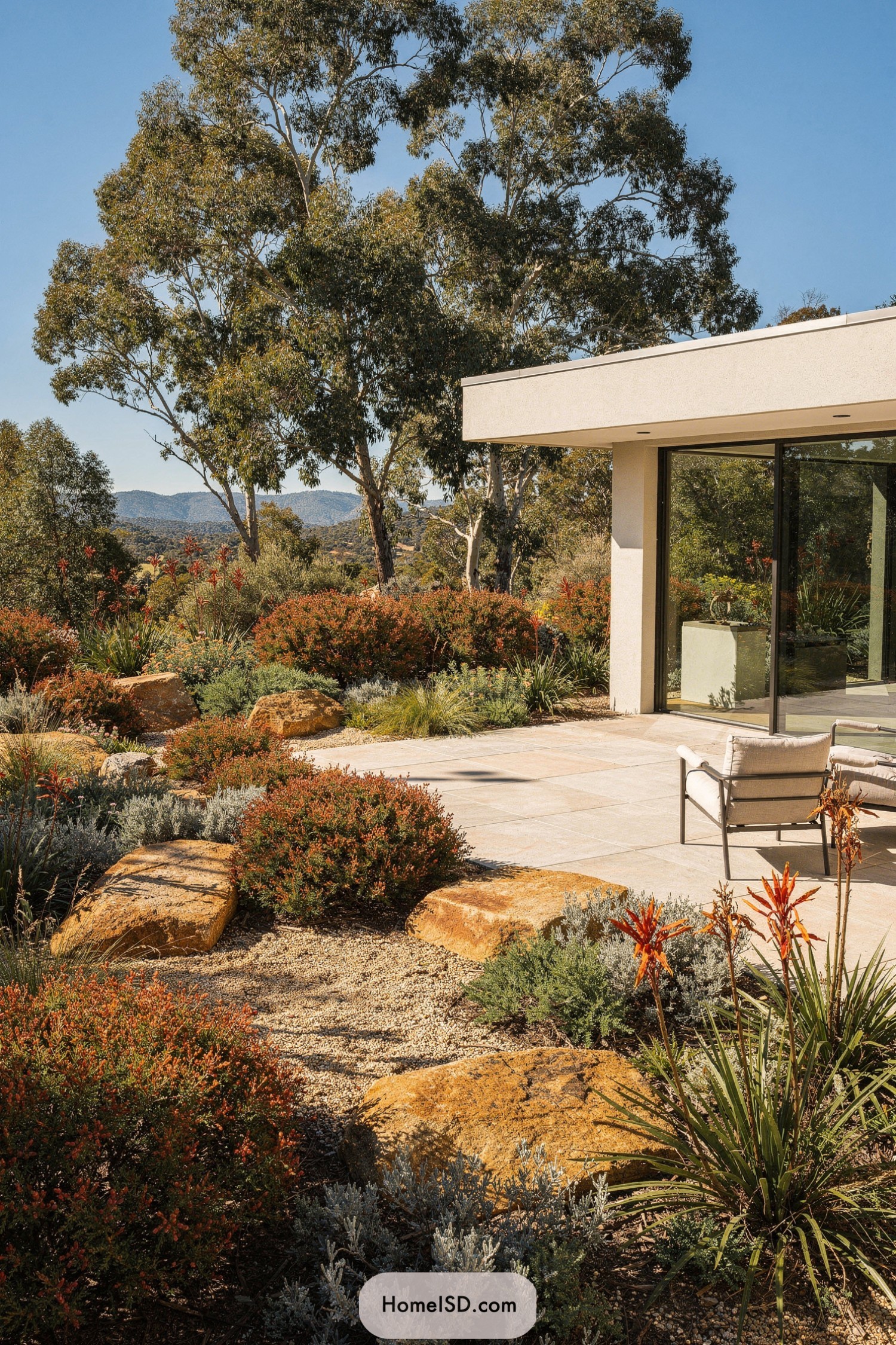 Modern patio opening to native bush garden