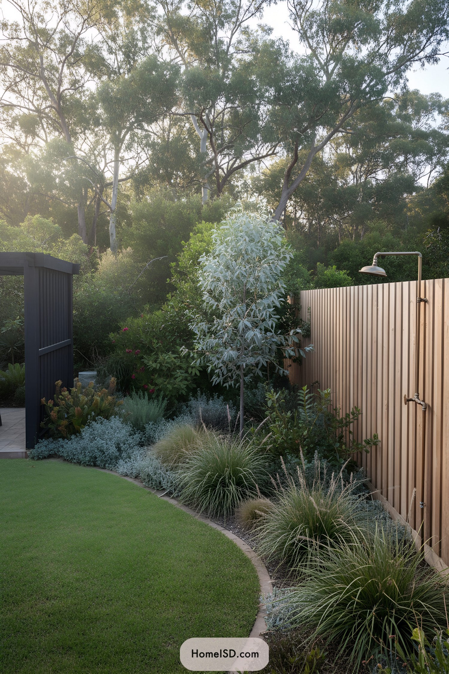 Curved lawn with native plants beside timber-fenced outdoor shower